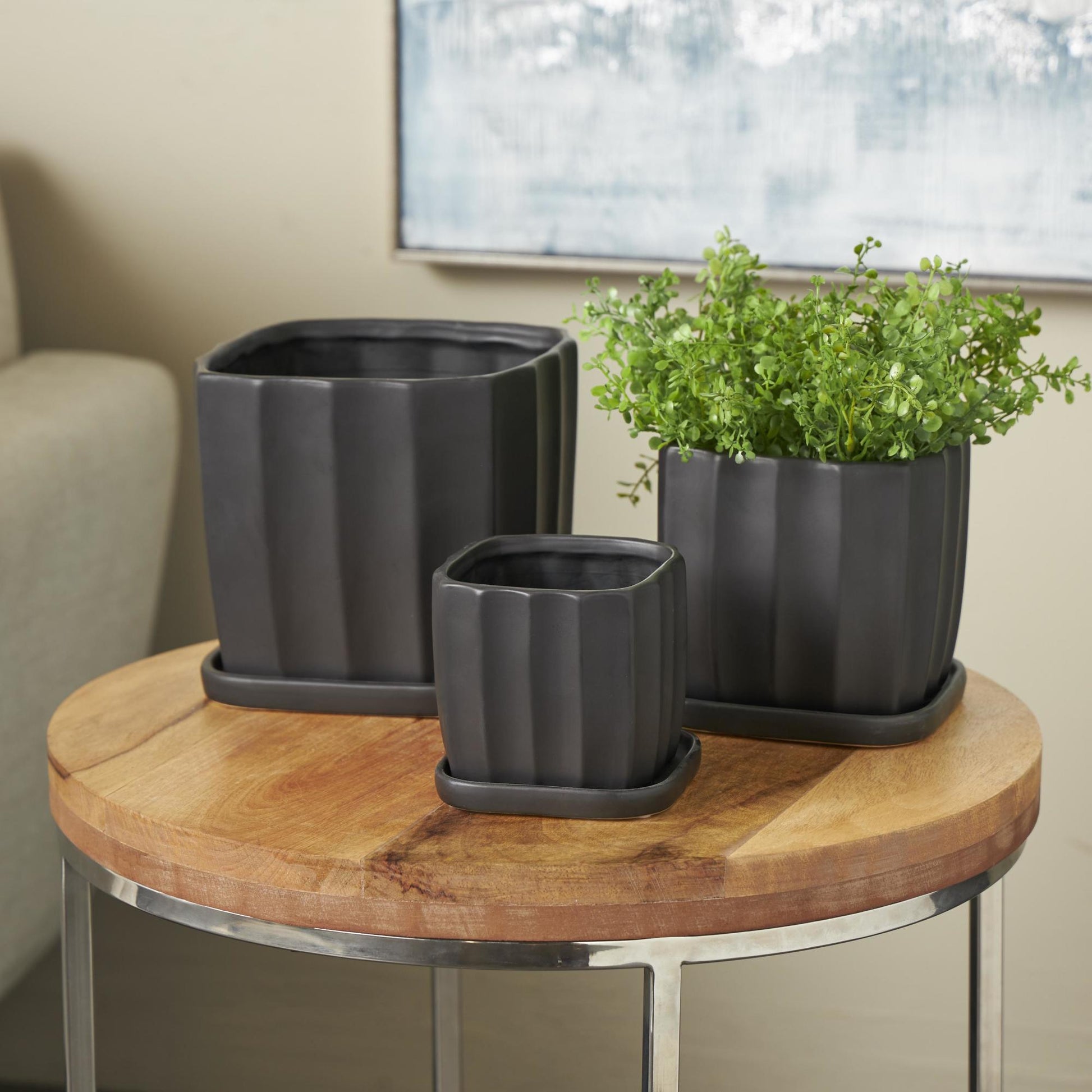 Set of 3 Ceramic Ribbed Indoor Outdoor Planter with Attached Saucer Set of 3 7", 6", 5"H