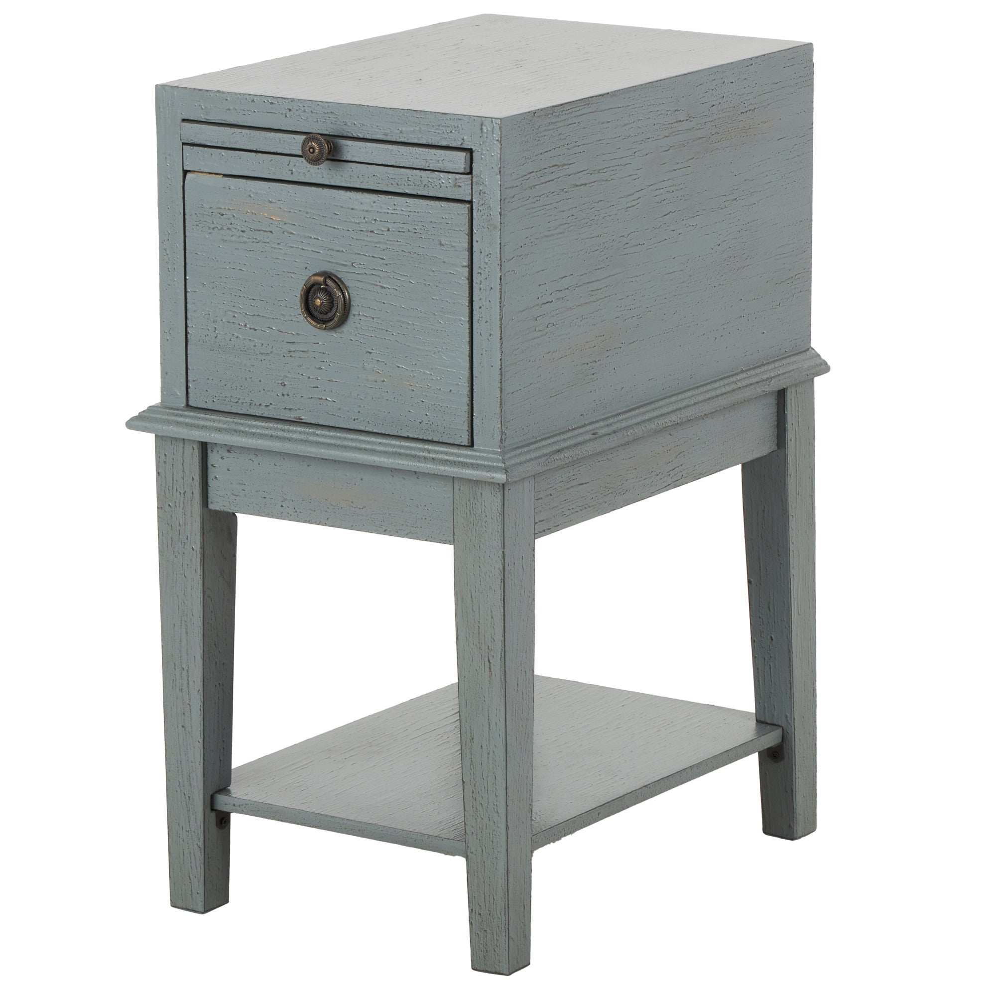 Gray Wooden Textured 1 Drawer Room Accent Table with Sliding Shelf and Bronze Floral Ring Handle