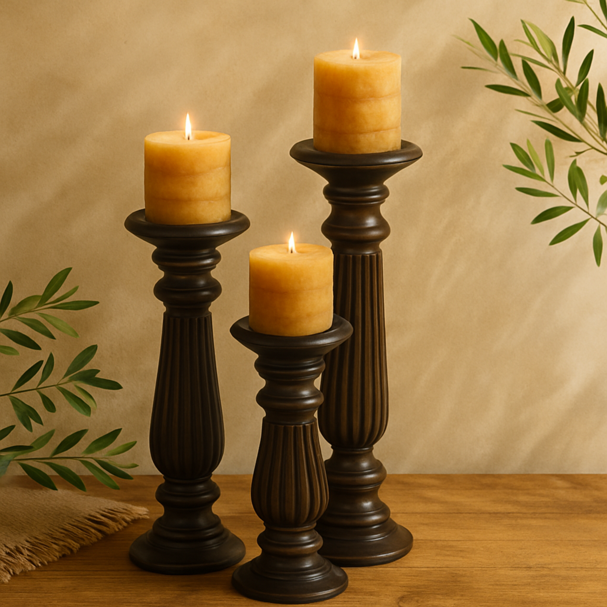 Set of 3 Mango Wood Distressed Turned Pillar Decorative Candle Holder Set of 3 18", 15", 12"H