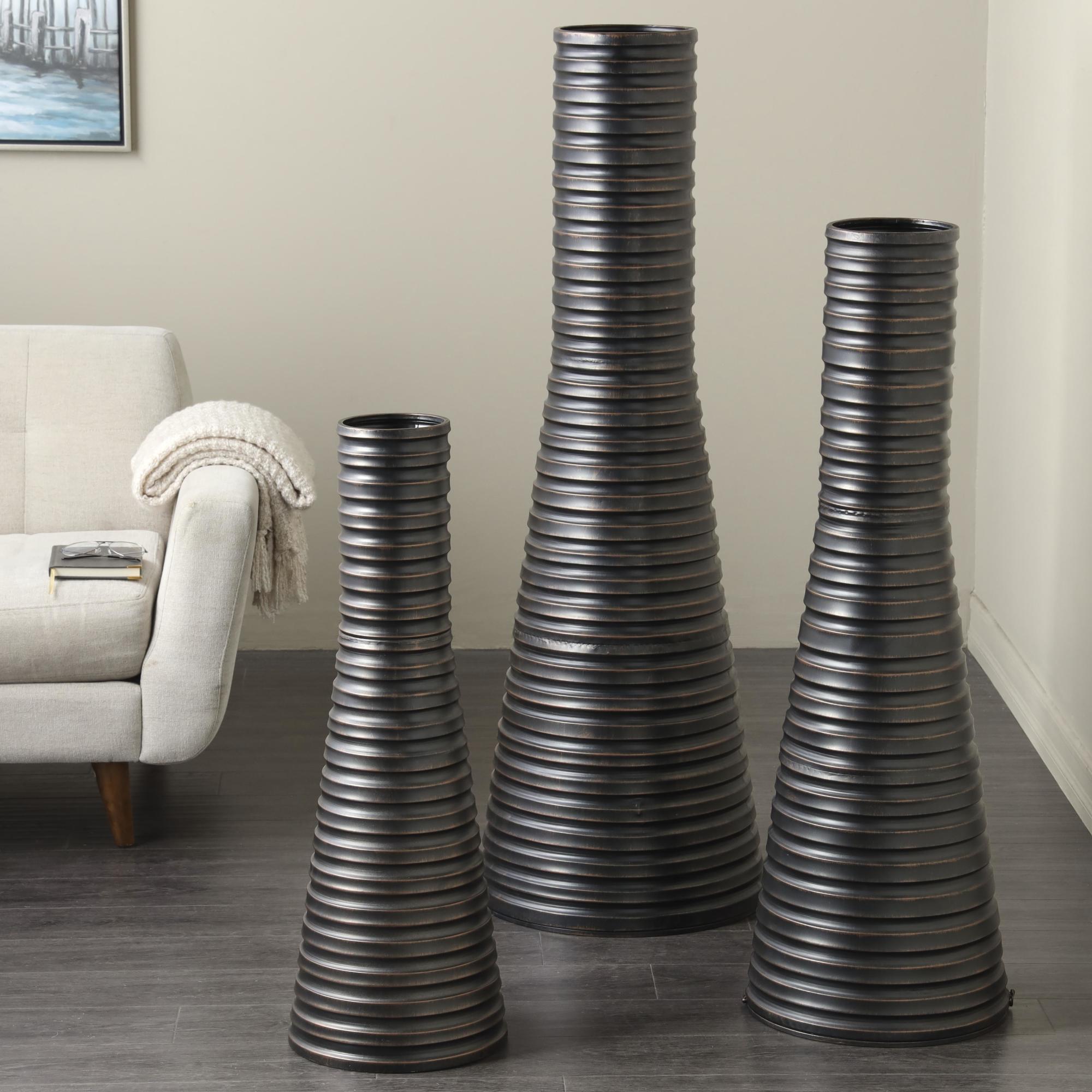 Set of 3 Bronze Metal Ribbed Tall Cone Floor Decorative Vase with Horizontal Grooves