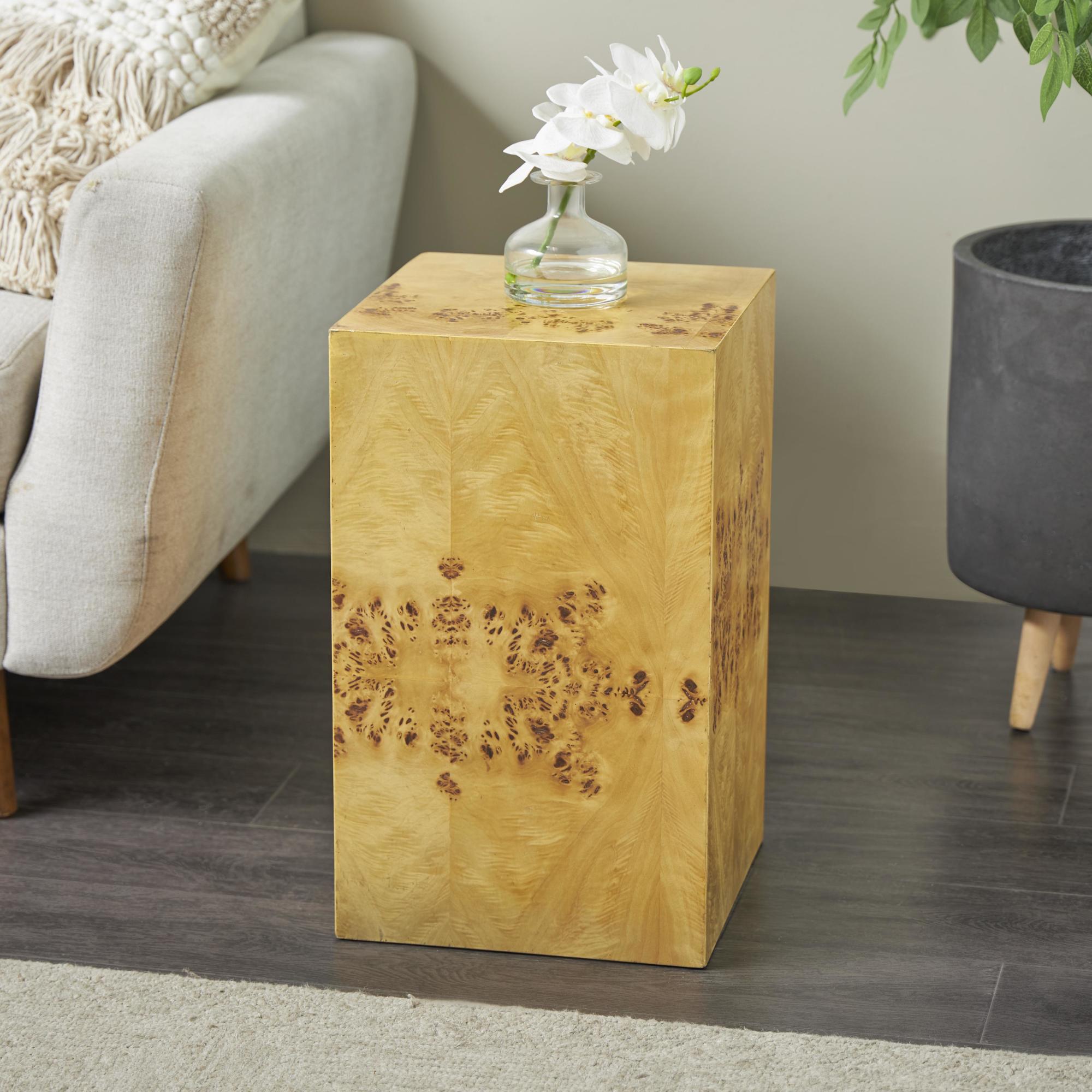Brown Wood Square Cube Side End Accent Table with Wood Grain Patterns