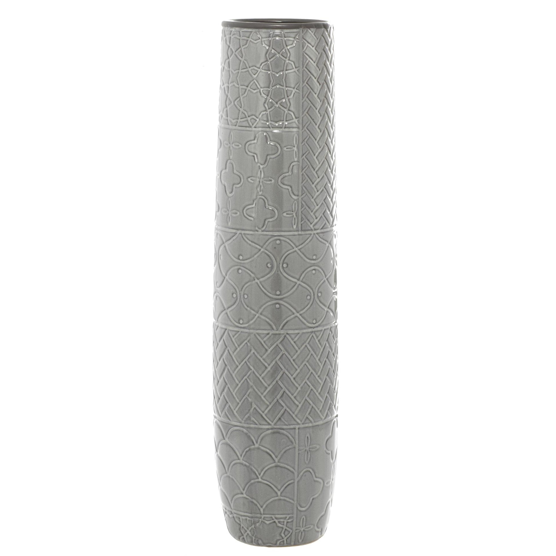 Gray Ceramic Slim Engraved Patterned Decorative Vase with Varying Patterns