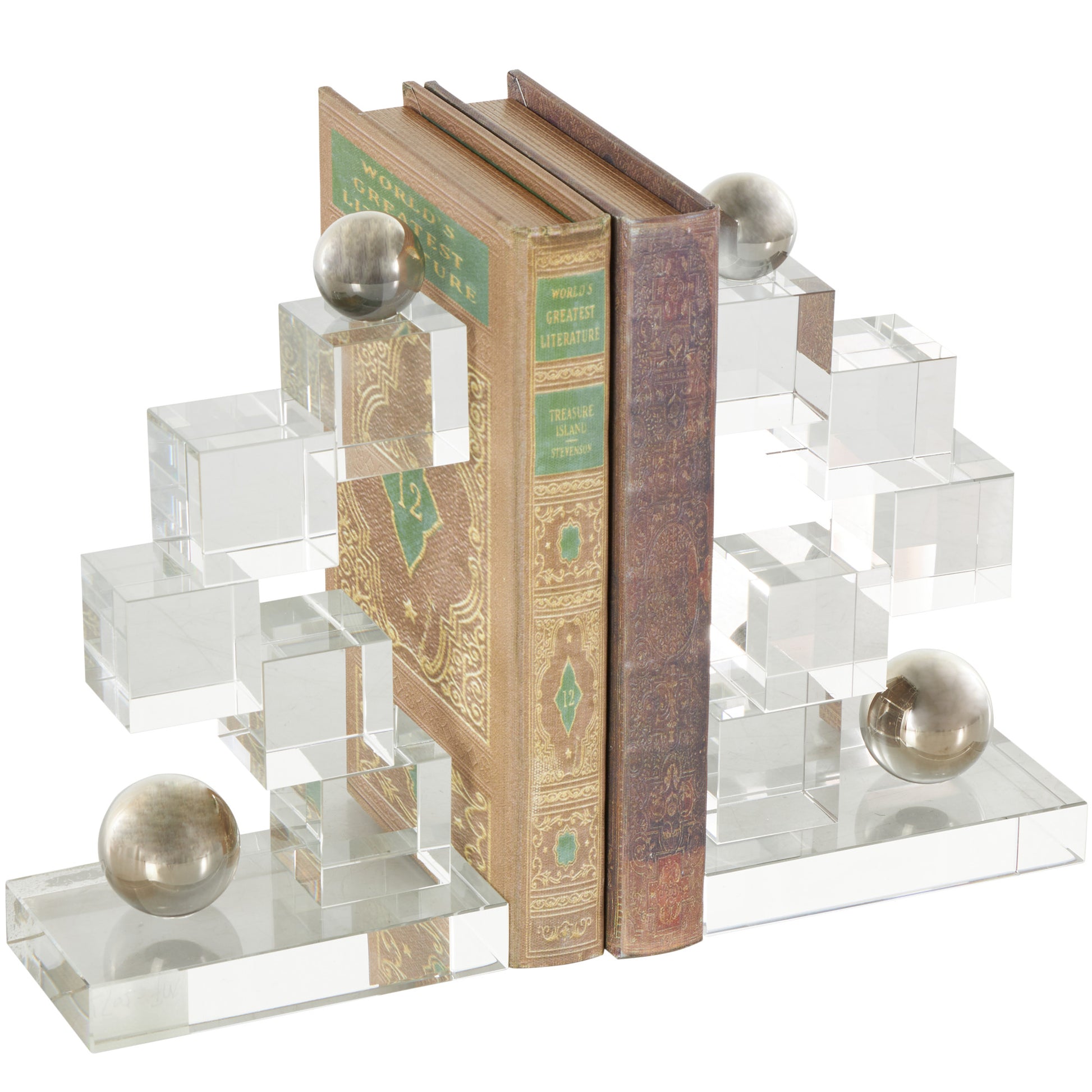 Set of 2 Geometric Clear Glass Stacked Squares Decorative Bookends with Silver Orbs