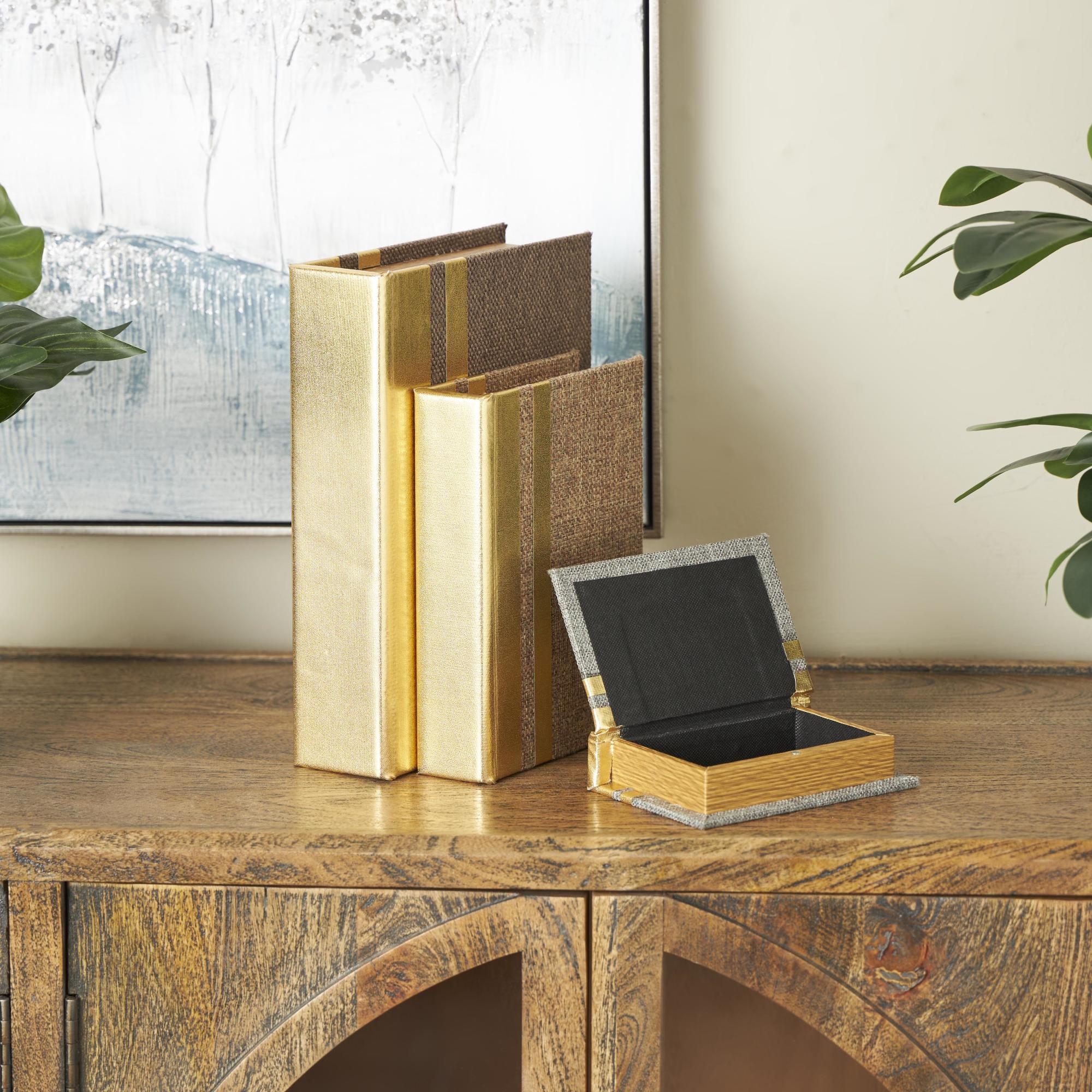 Set of 3 Brown Linen Fabric Textured Faux Book Storage Decorative Box with Gold Faux Leather