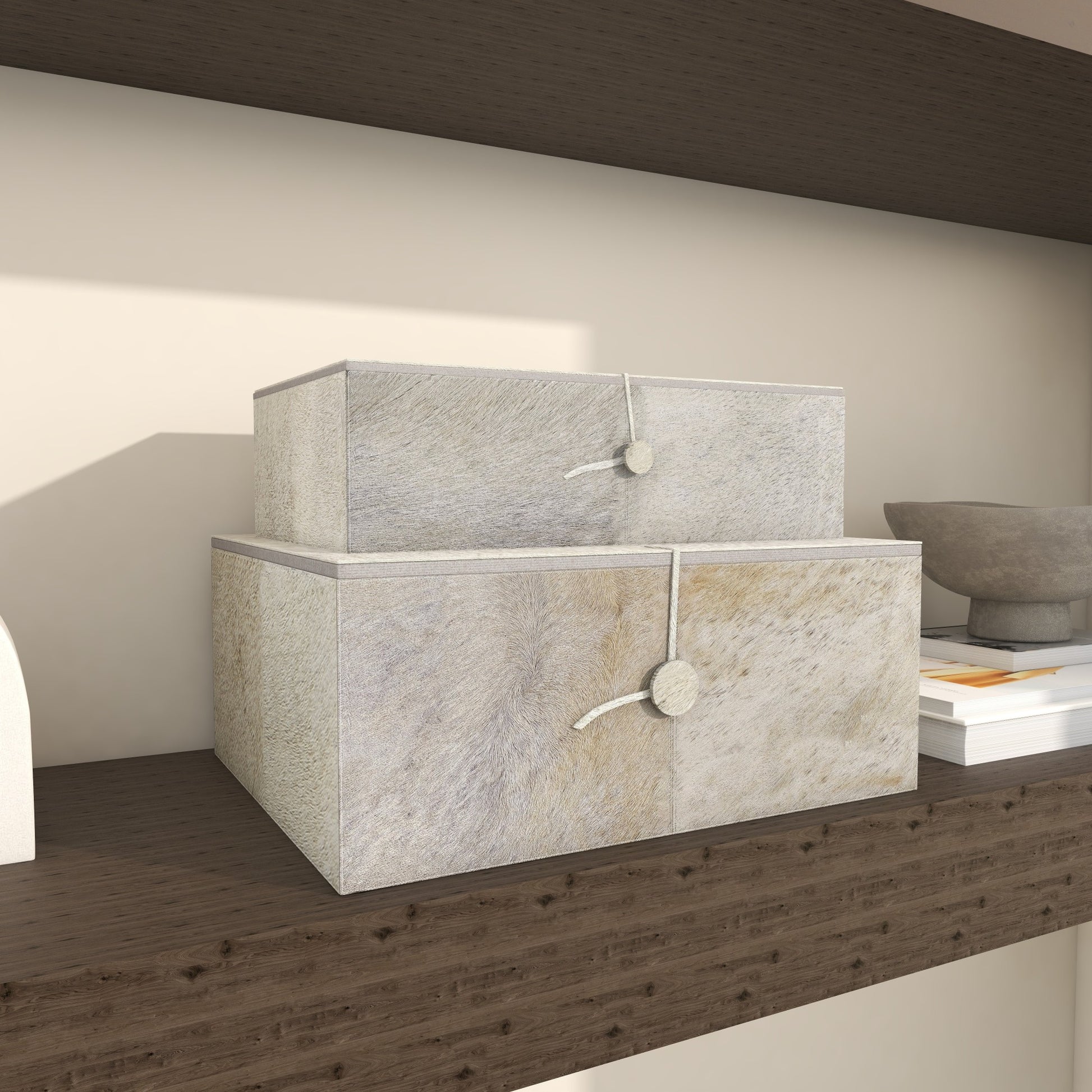 Set of 2 Leather Handmade Cowhide Storage Decorative Box with Leather Loop Closure and Stitching Detail