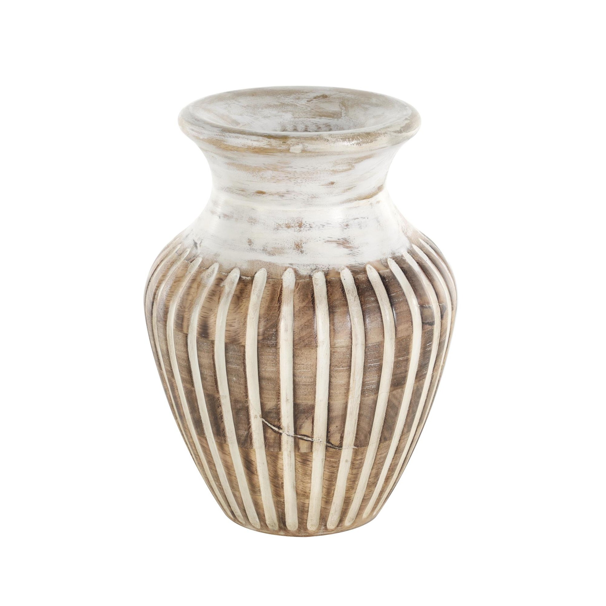 Brown Mango Wood Distressed Decorative Vase with Carved Grooves