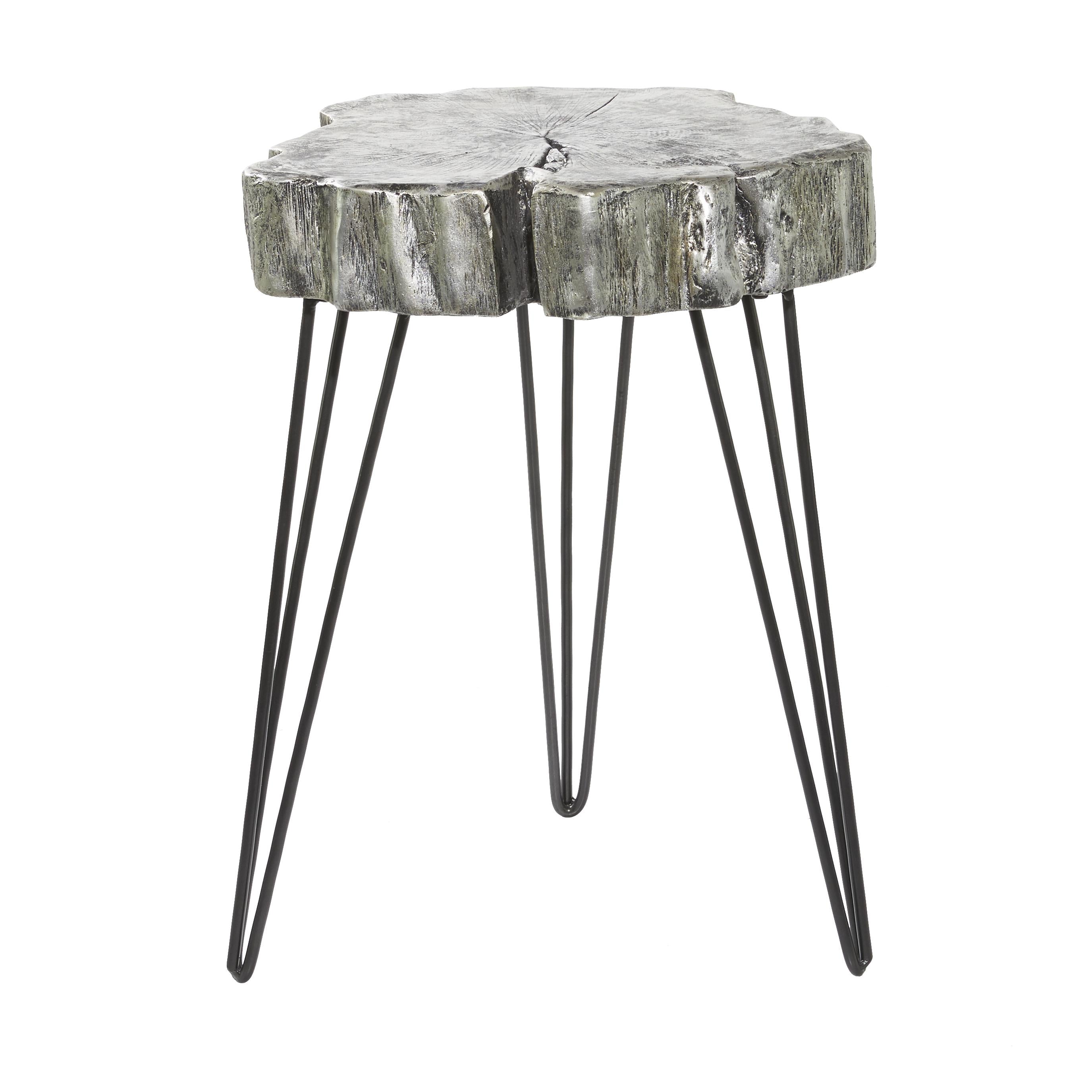 Magnesium Oxide Tree Trunk Side End Accent Table with Black Metal Hairpin Legs