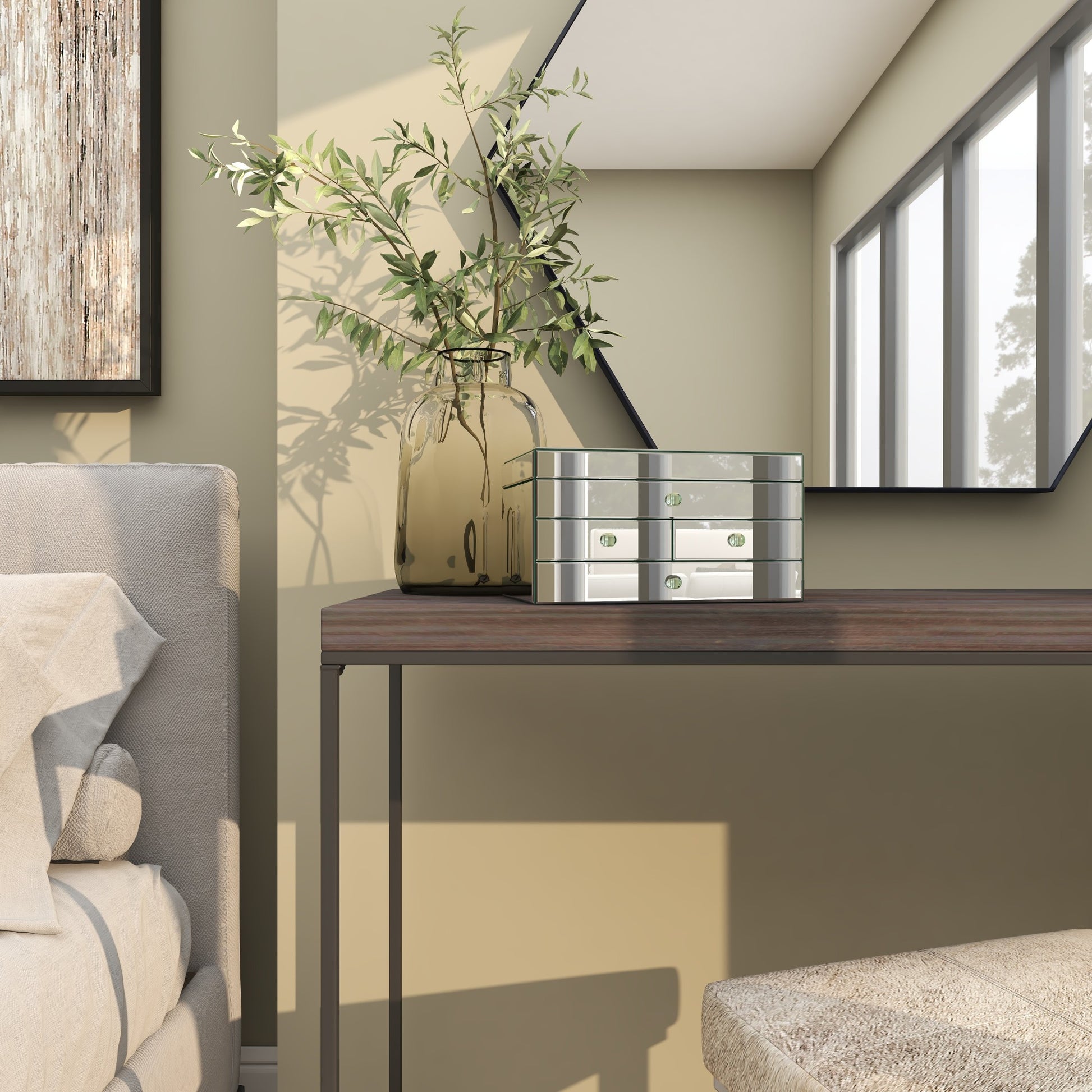 Silver Glass Mirrored 4 Drawer Decorative Jewelry Box with Flip Top Storage