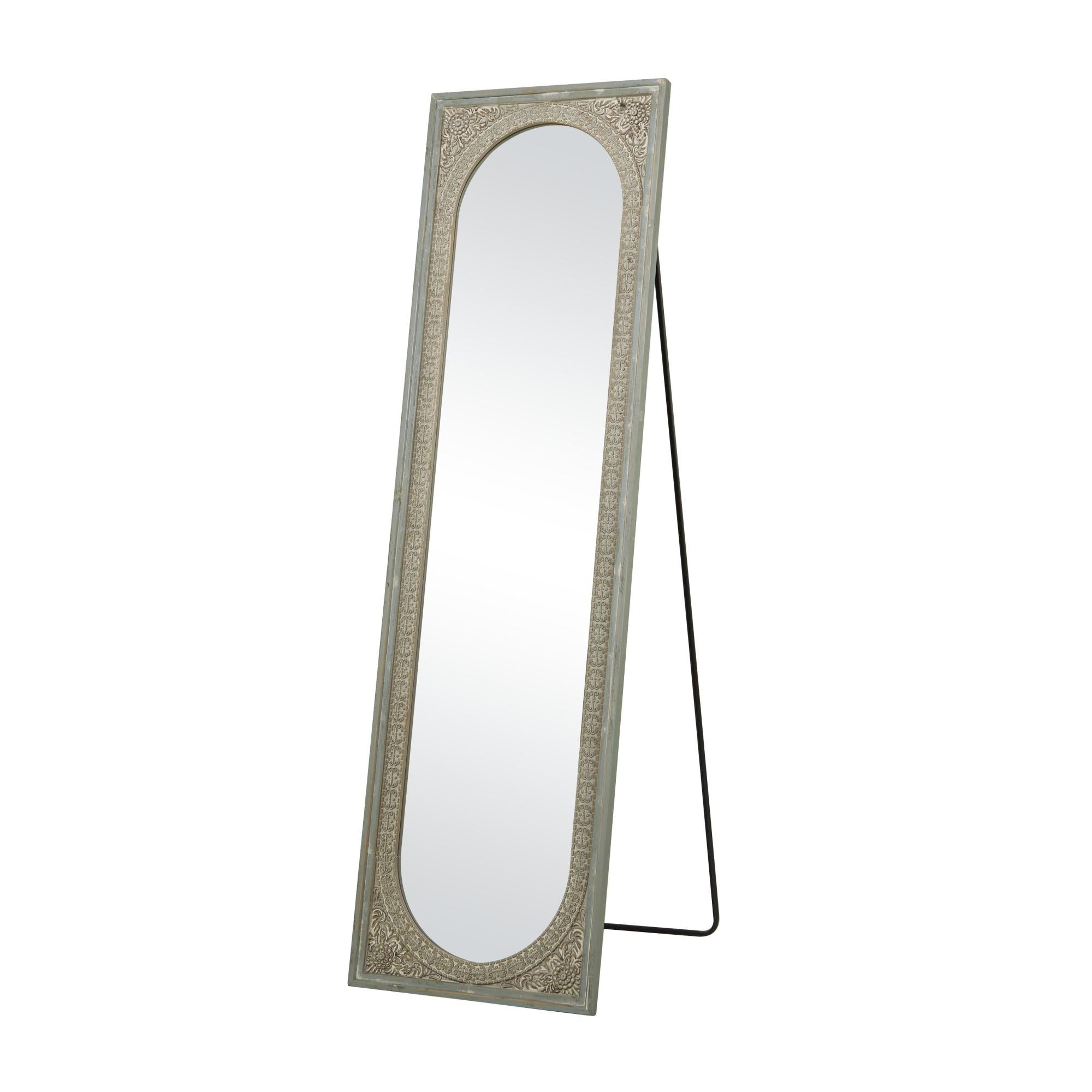 Floral Green Wood Embossed Room Floor Mirror with Black Metal Foldable Stand