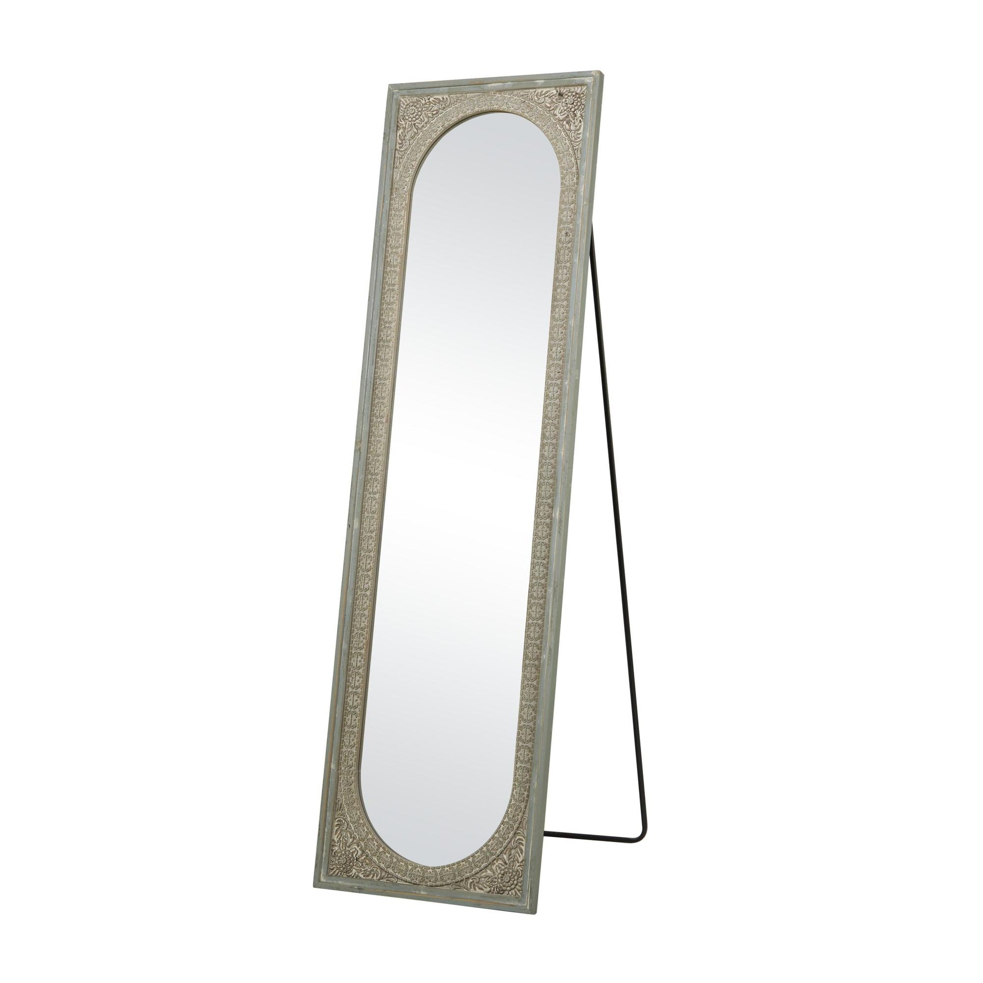 Floral Green Wood Embossed Room Floor Mirror with Black Metal Foldable Stand