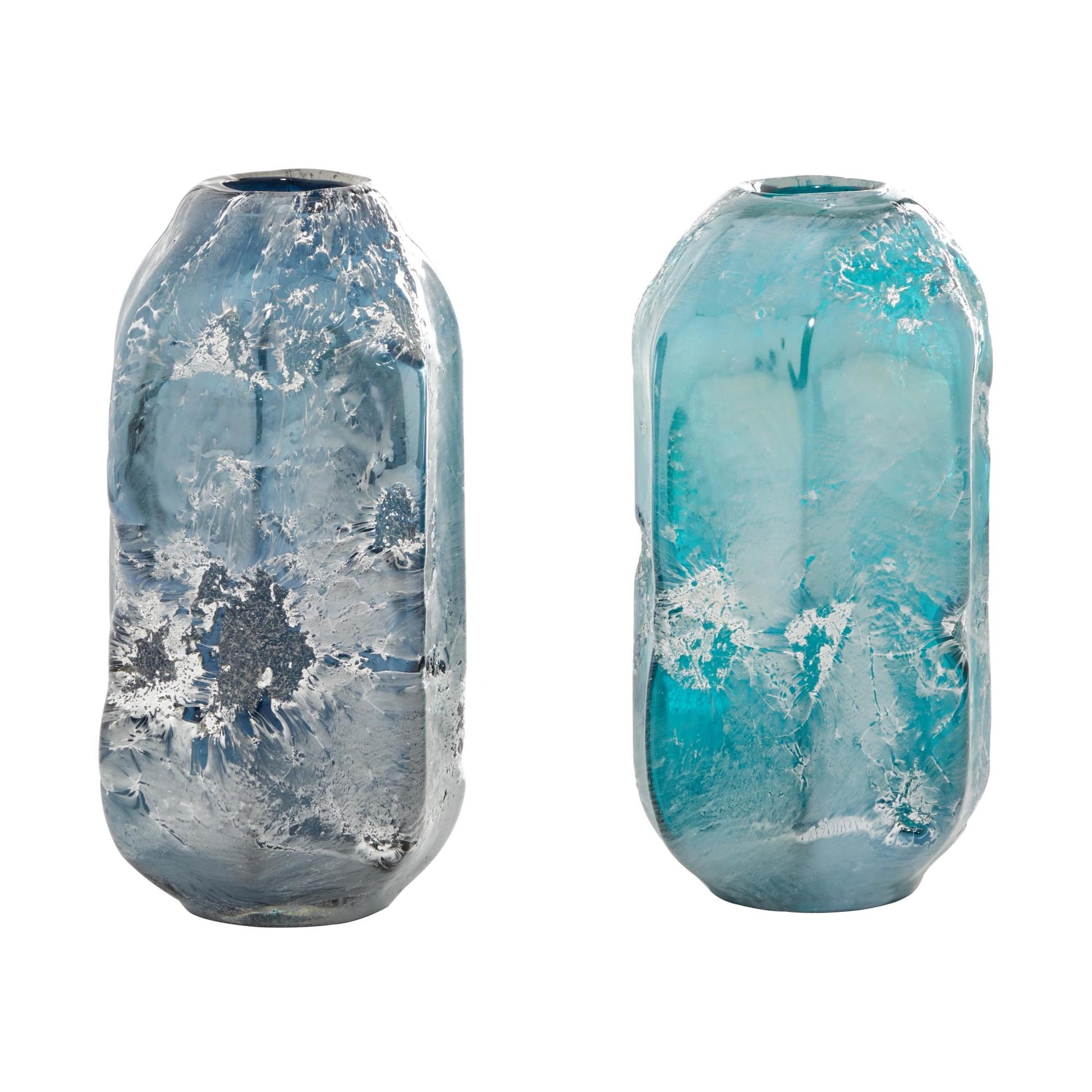 Set of 2 Blue Glass Handmade Blown Decorative Vase