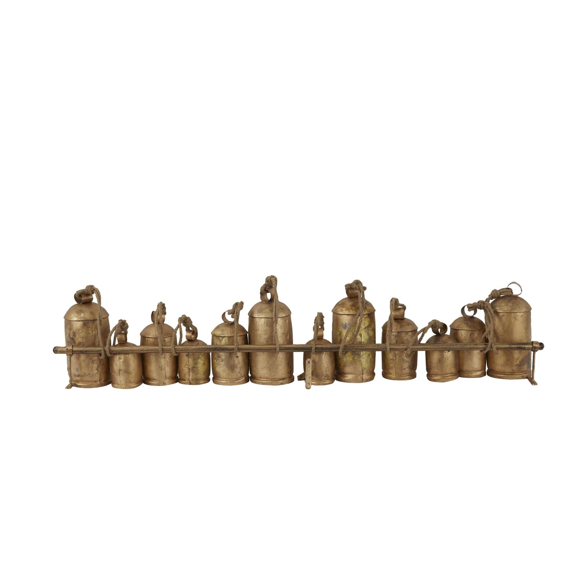 Metal Tibetan Inspired 12 Bell Indoor Outdoor Decorative Cow Bells with Hanging Ropes and Rod