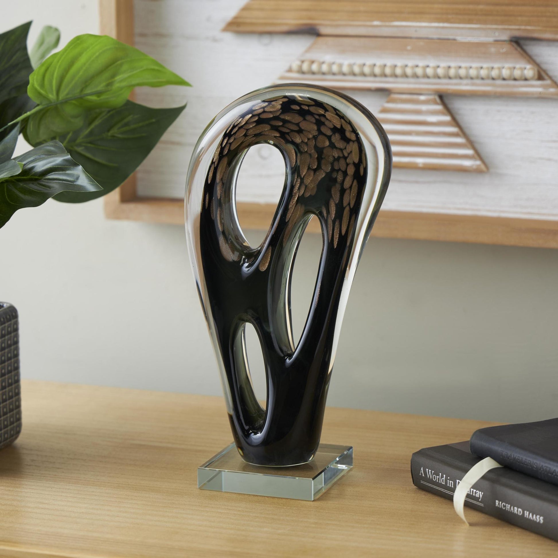 Abstract Black Glass Curved Cutout Decorative Sculpture with Gold Spotted Accents