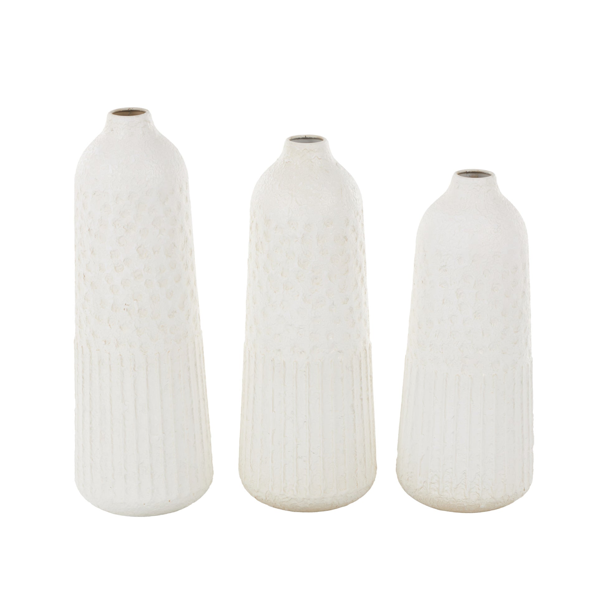 Set of 3 White Metal Textured Decorative Vase with Honeycomb Pattern