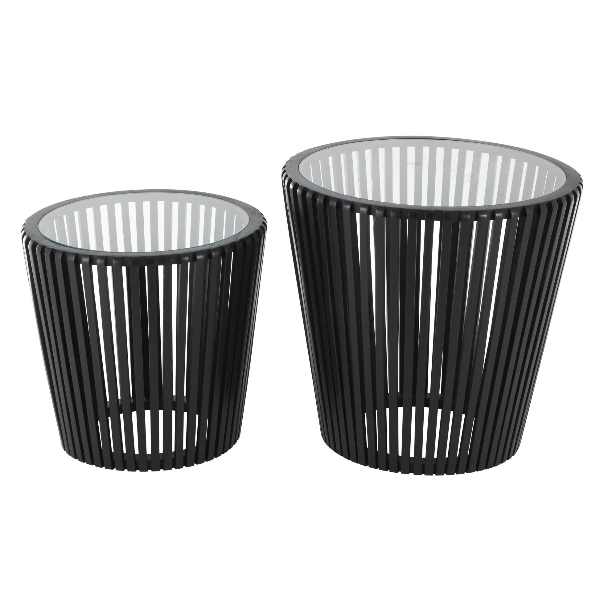 Set of 2 Black Wood Cage Inspired Side End Accent Table with Clear Glass Tabletop