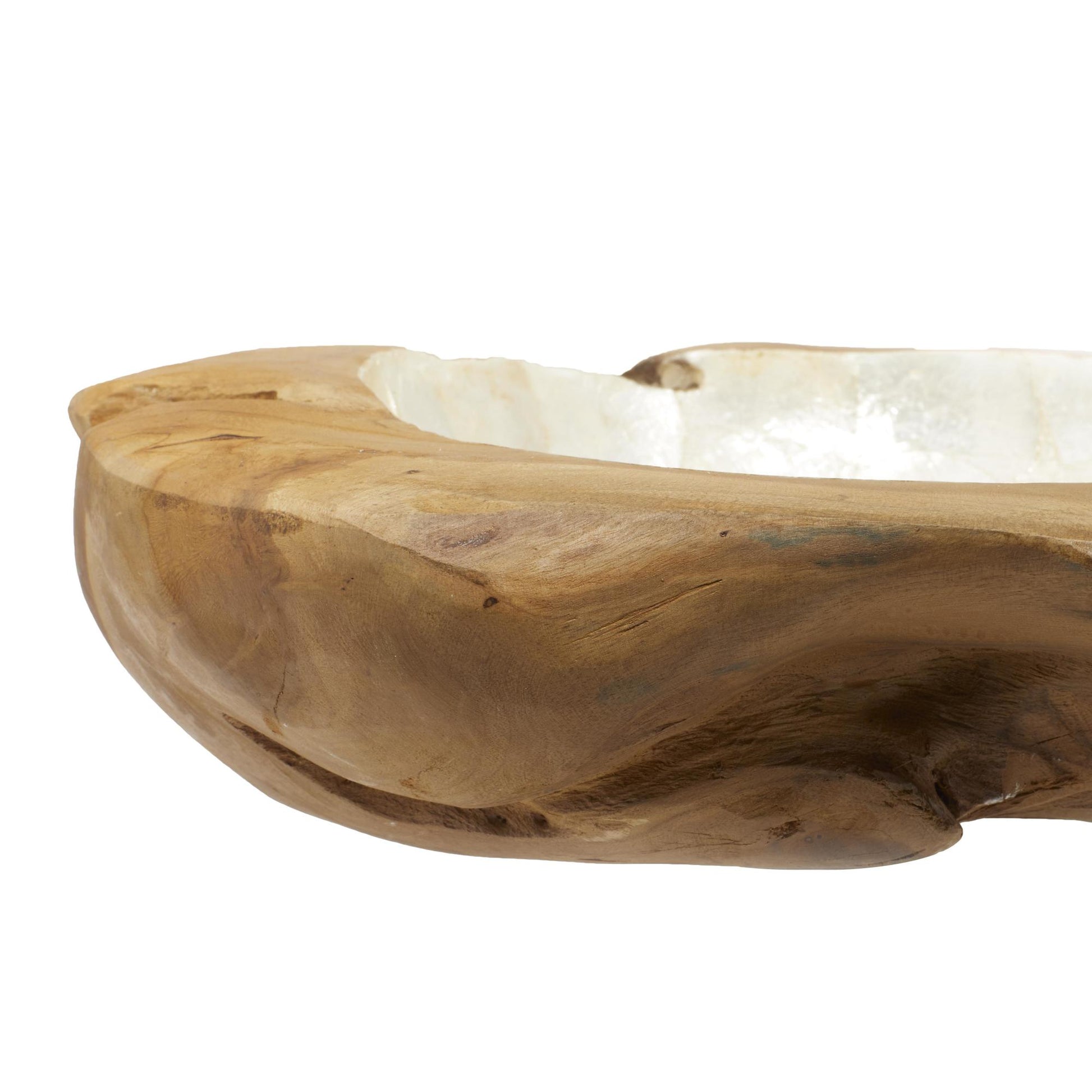 Nautical Brown Teak Wood Handmade Live Edge Free Form Large Decorative Bowl with Capiz Interior
