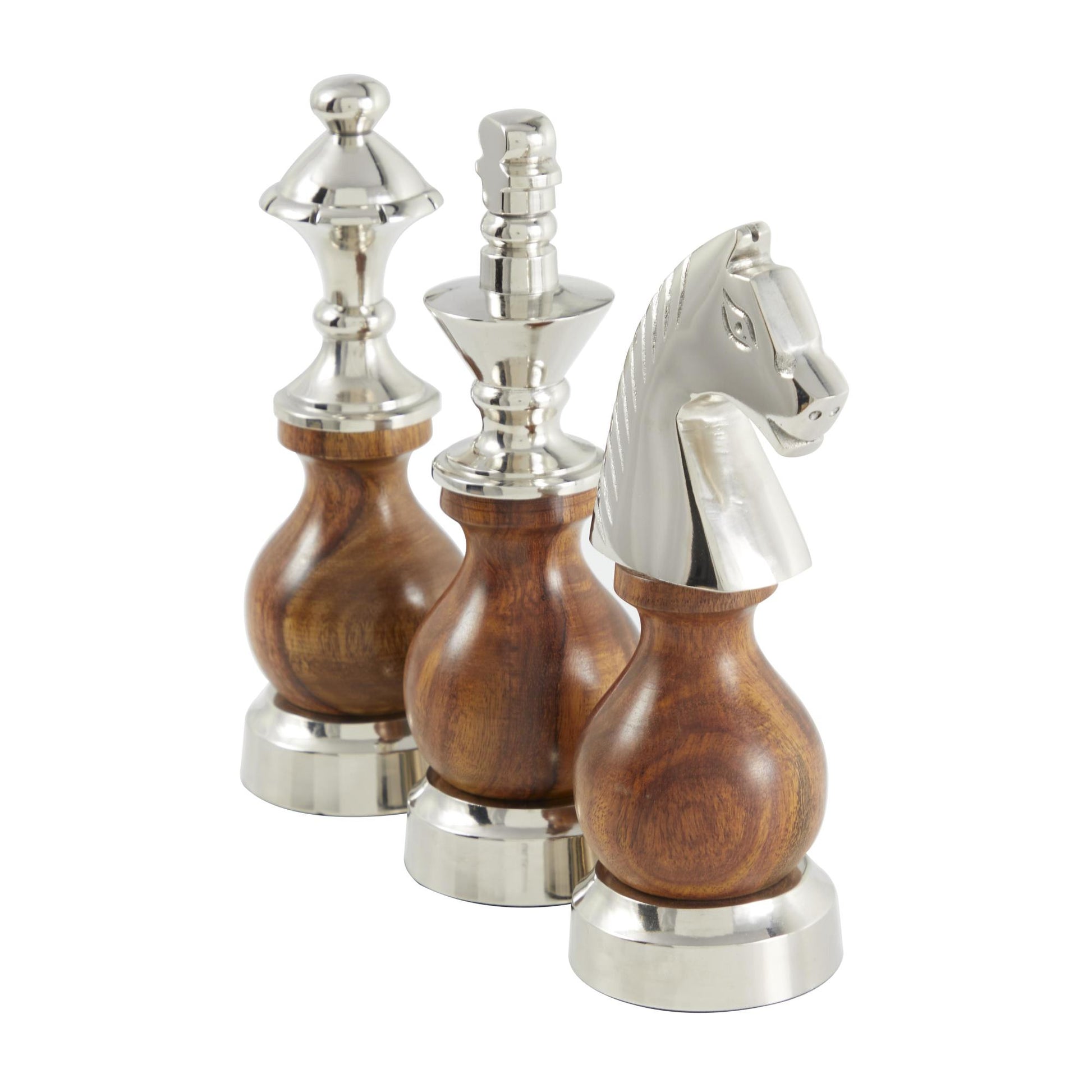 Set of 3 Chess Aluminum Metal King, Knight, Bishop Decorative Sculpture