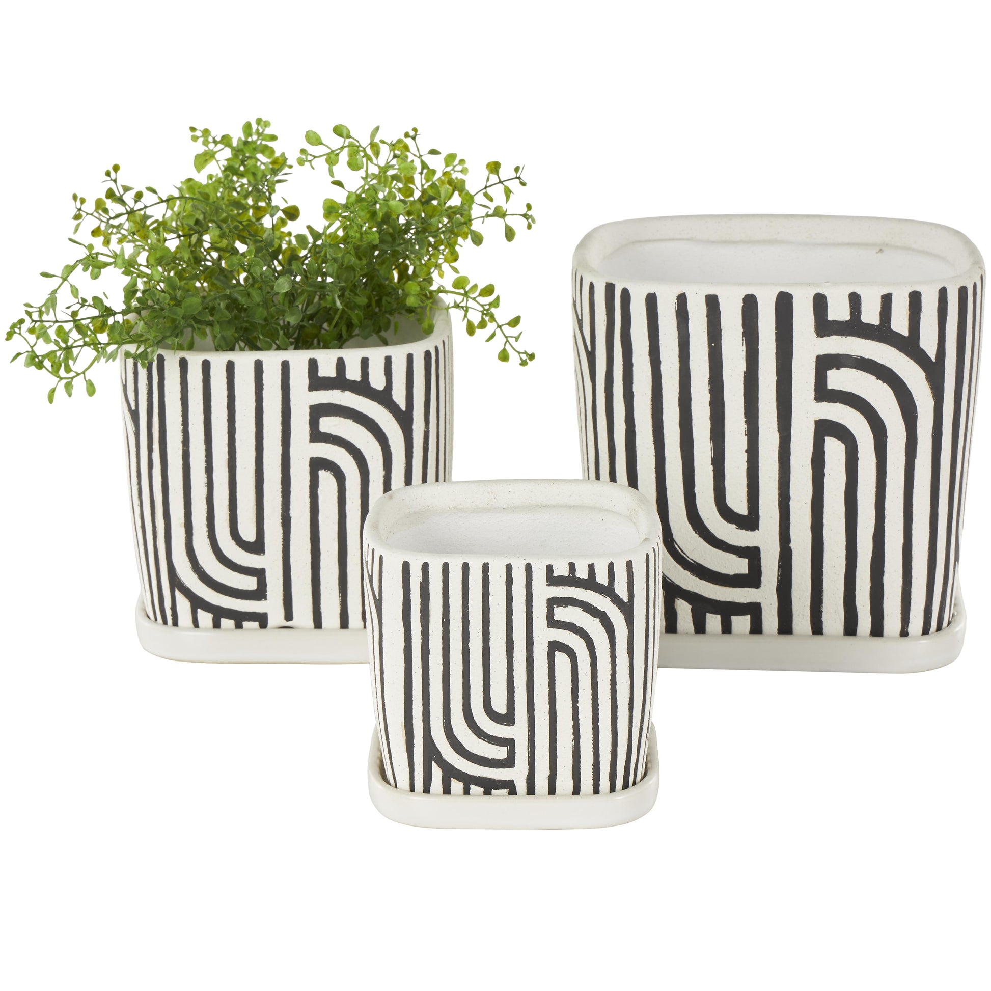Set of 3 Geometric Ceramic Arched Patterned Indoor Outdoor Planter with Attached Saucer