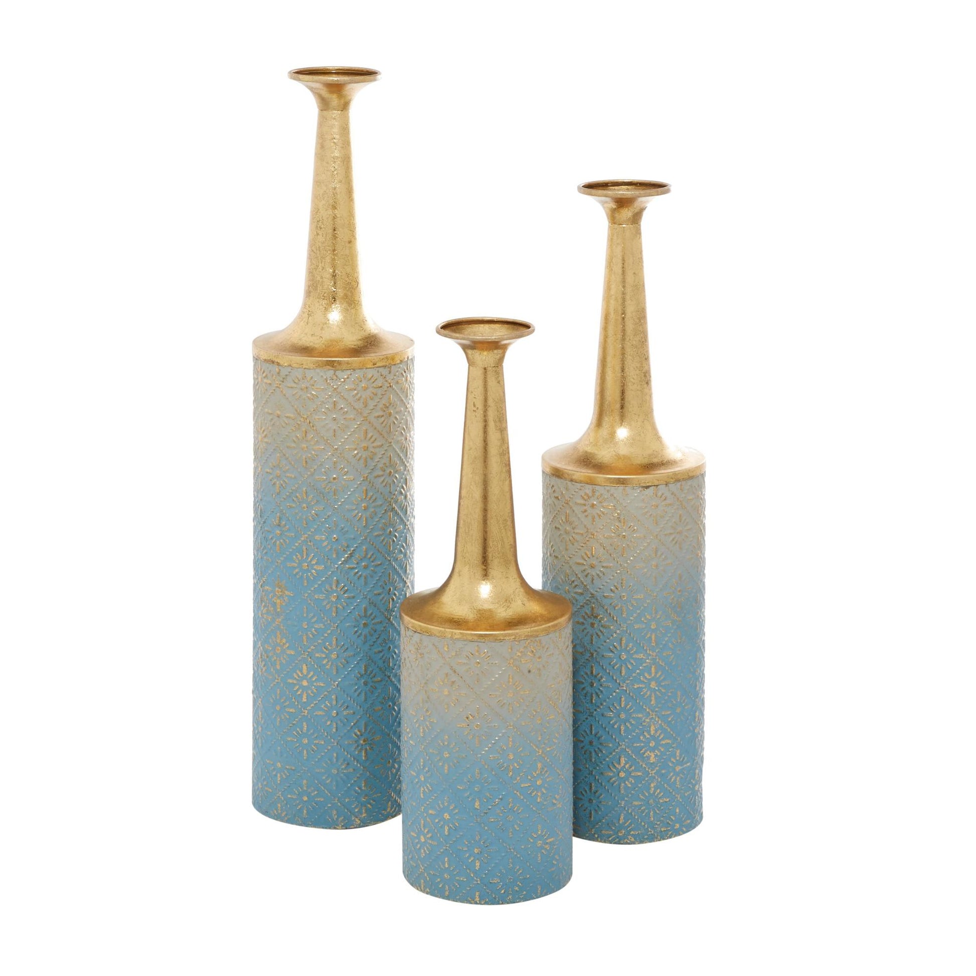 Set of 3 Floral Blue Metal Decorative Vase with Gold Top