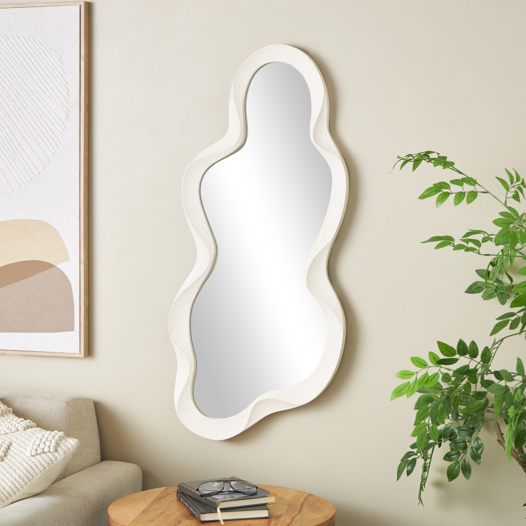 Wood Wavy Room Wall Mirror with Dimensional Frame 18" x 1" x 39"