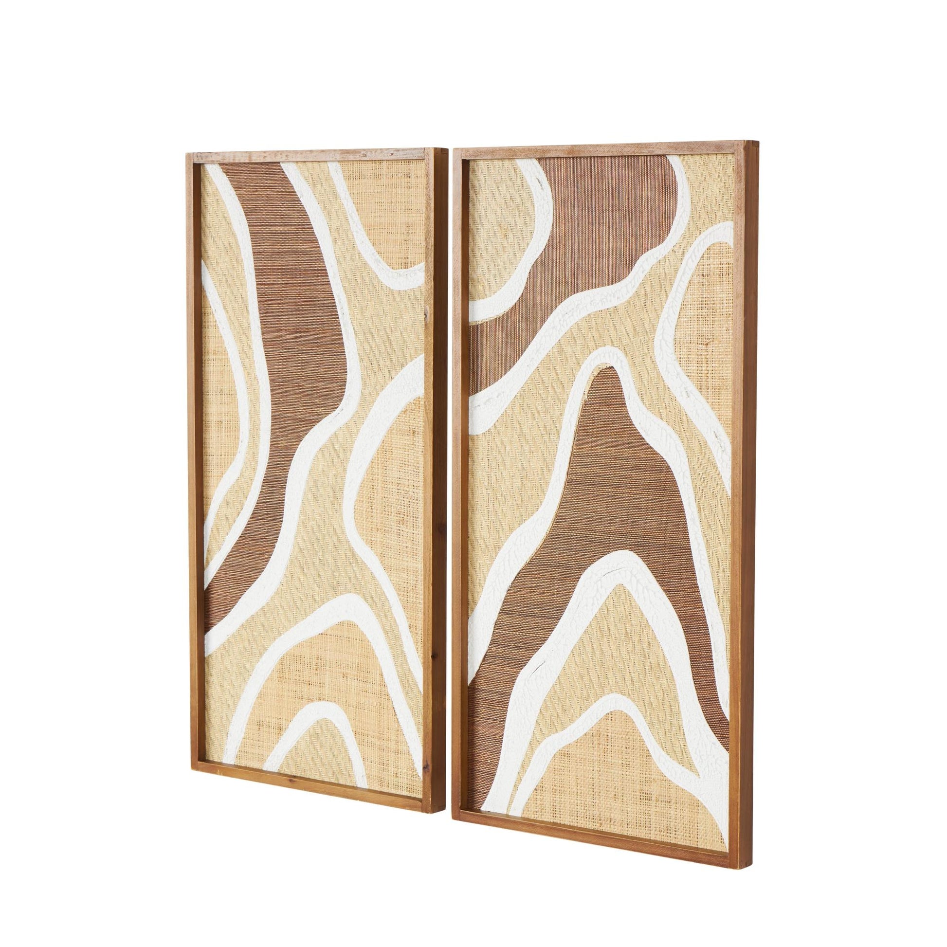 Set of 2 Abstract Brown Wood Textured Wavy Living Room Framed Wall Art with White and Tan Accents