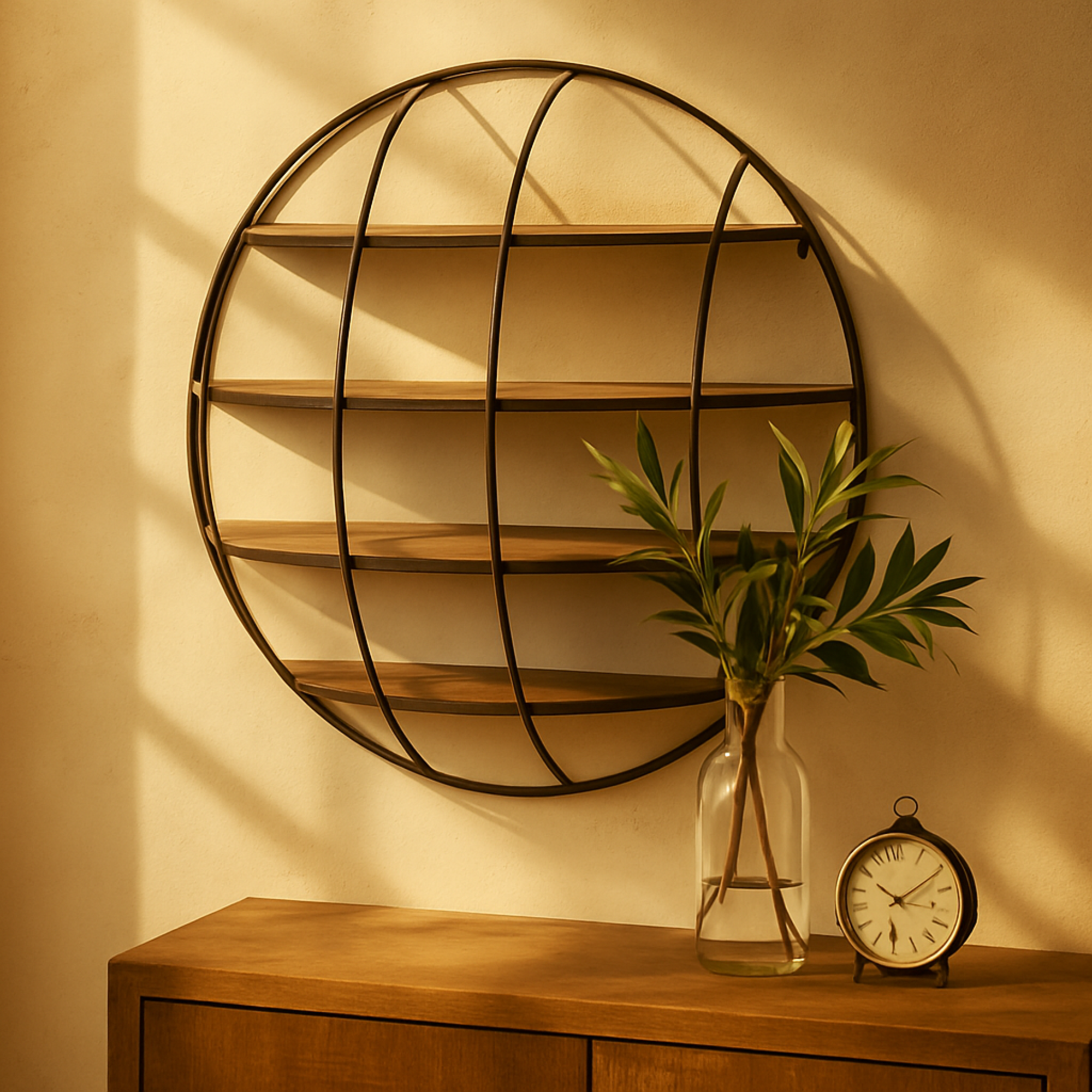 Black Metal 3D Round 4 Level Room Wall Shelf with Wooden Shelves