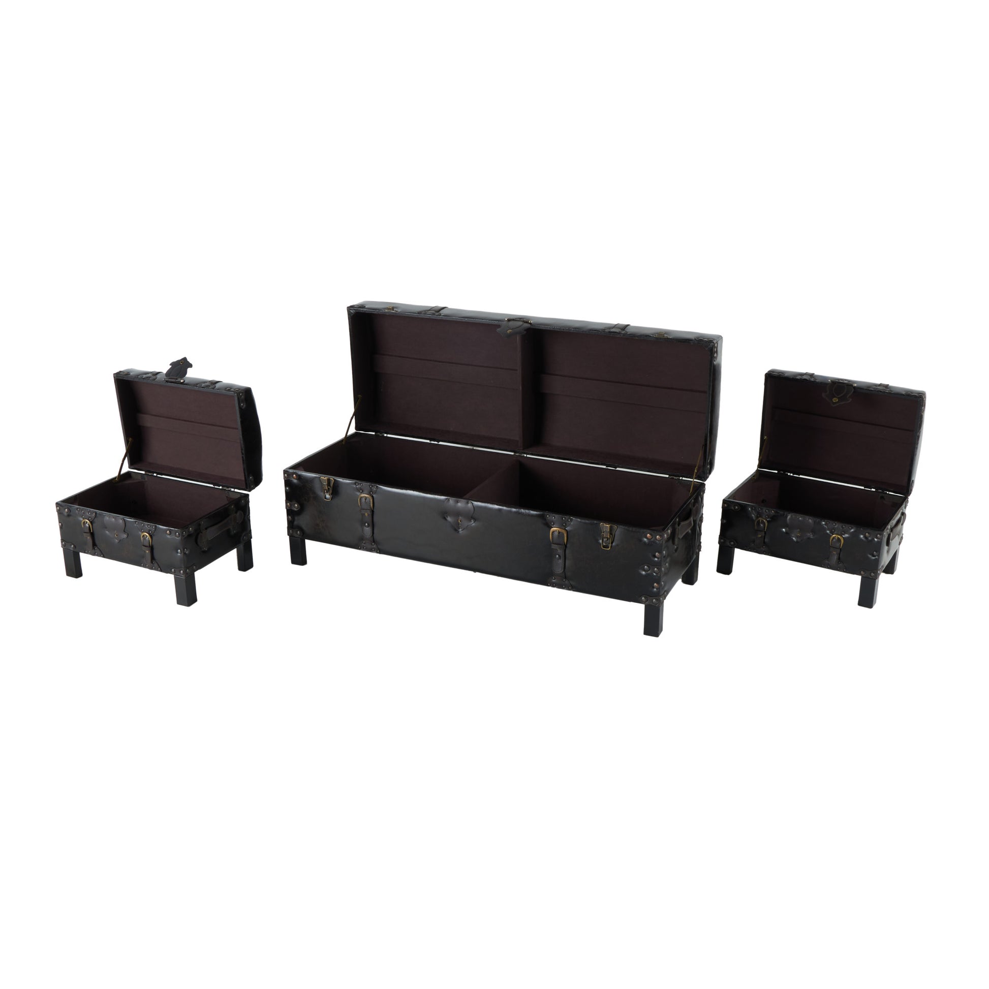 Set of 3 Brown Faux Leather Vintage Room Storage Bench with Faux Leather Buckle Straps and Stud Details