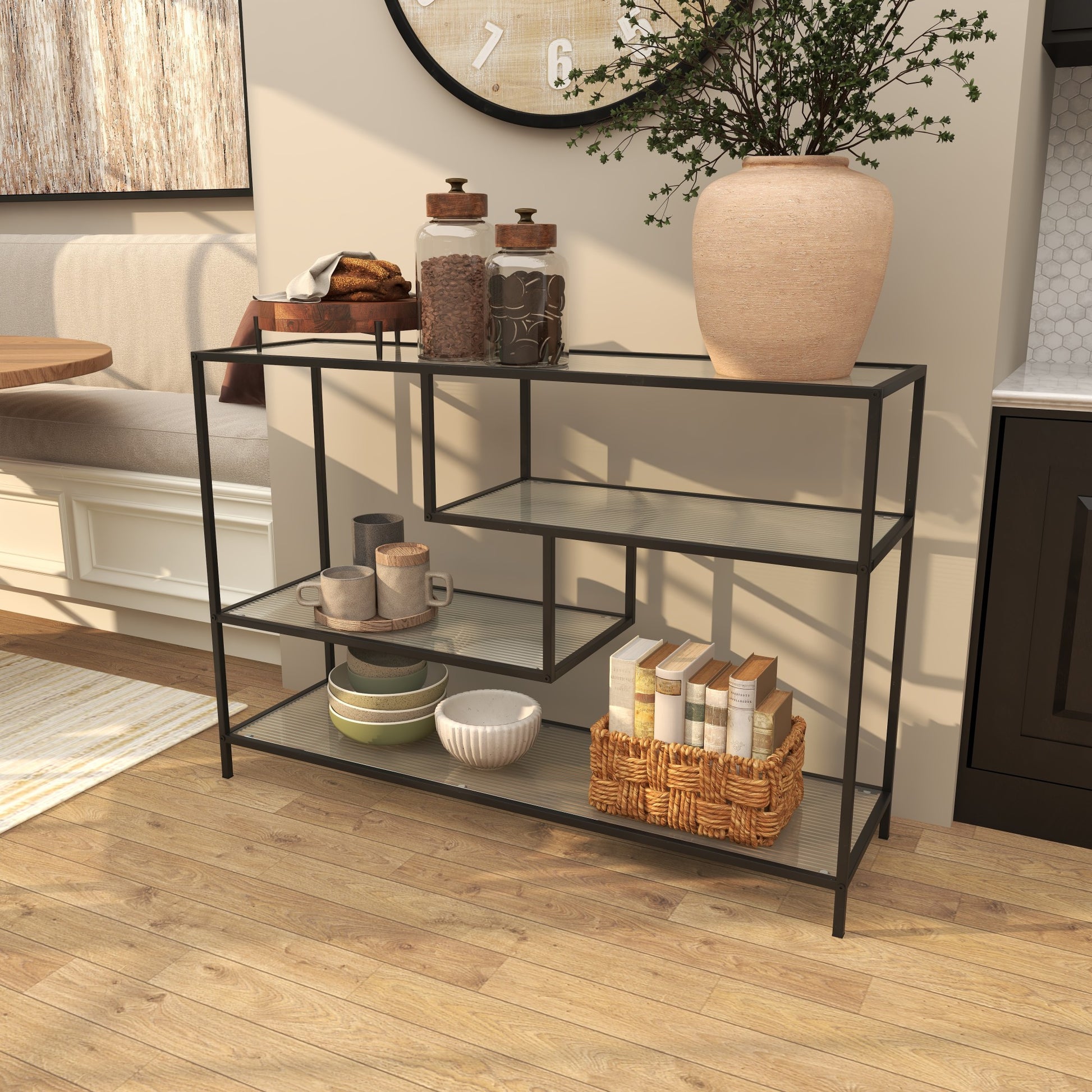 Geometric Black Metal 4 Shelf Living Room Console Table with Clear Glass Shelves
