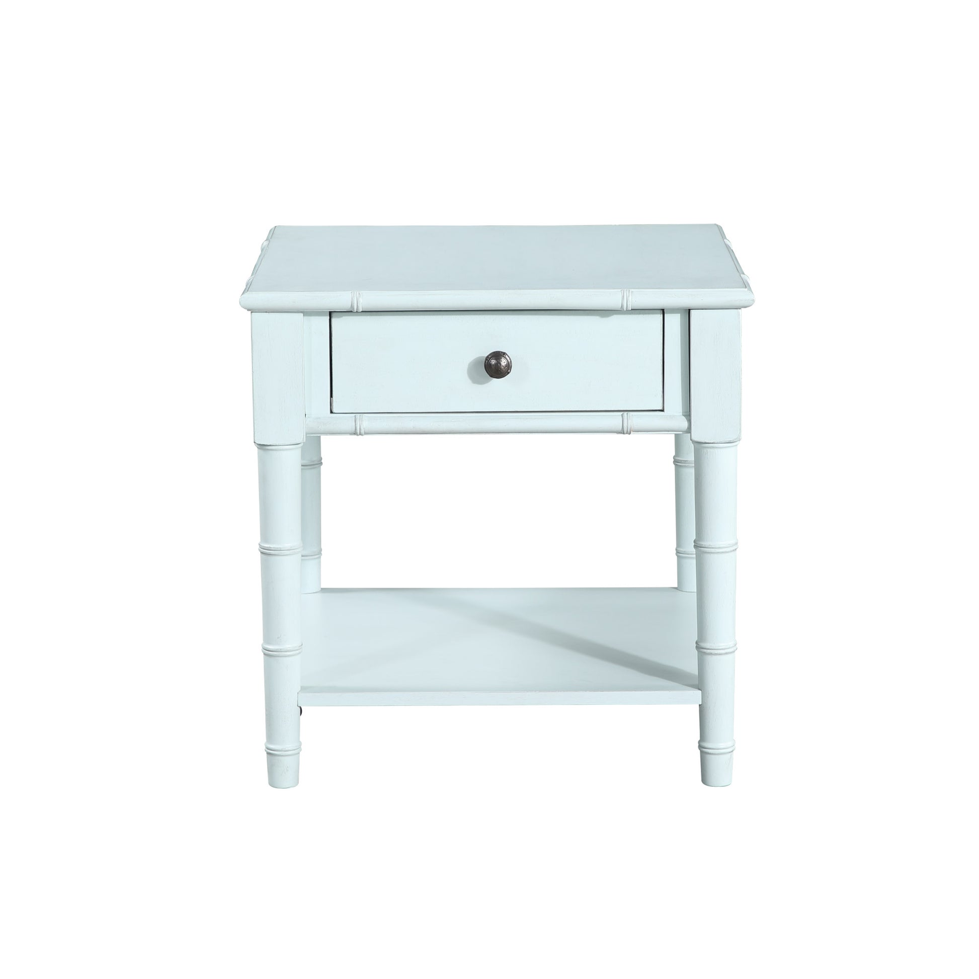 Light Blue Wood 1 Drawer Side End Accent Table with Bamboo Inspired Detailing and Bronze Knob