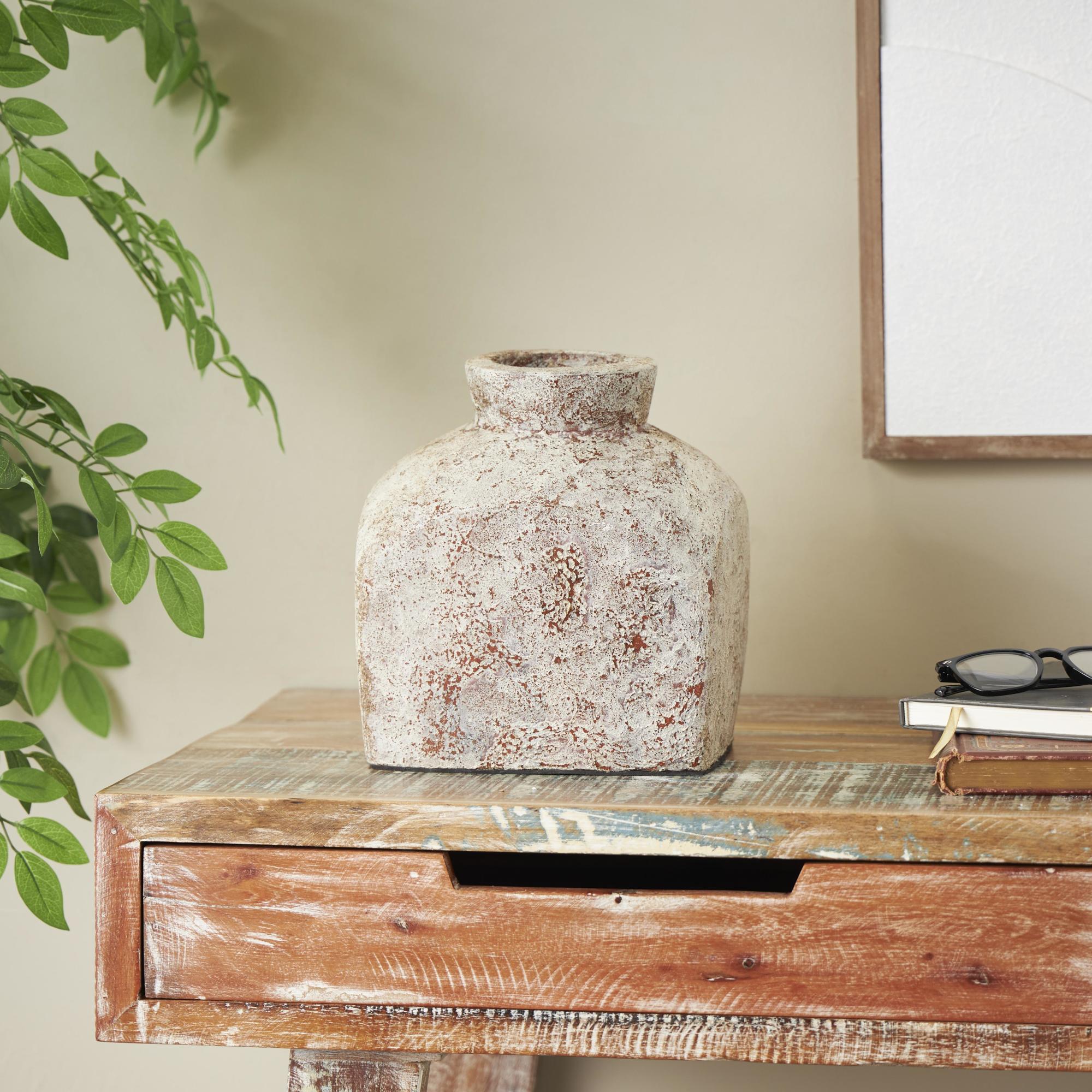 Brown Ceramic Antique Style Textured Square Decorative Vase