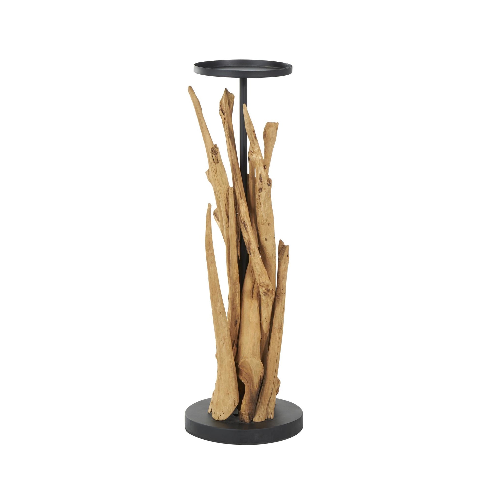 Brown Teak Wood Handmade Tall Tree Branch Floor Decorative Candle Holder with Black Metal Accents