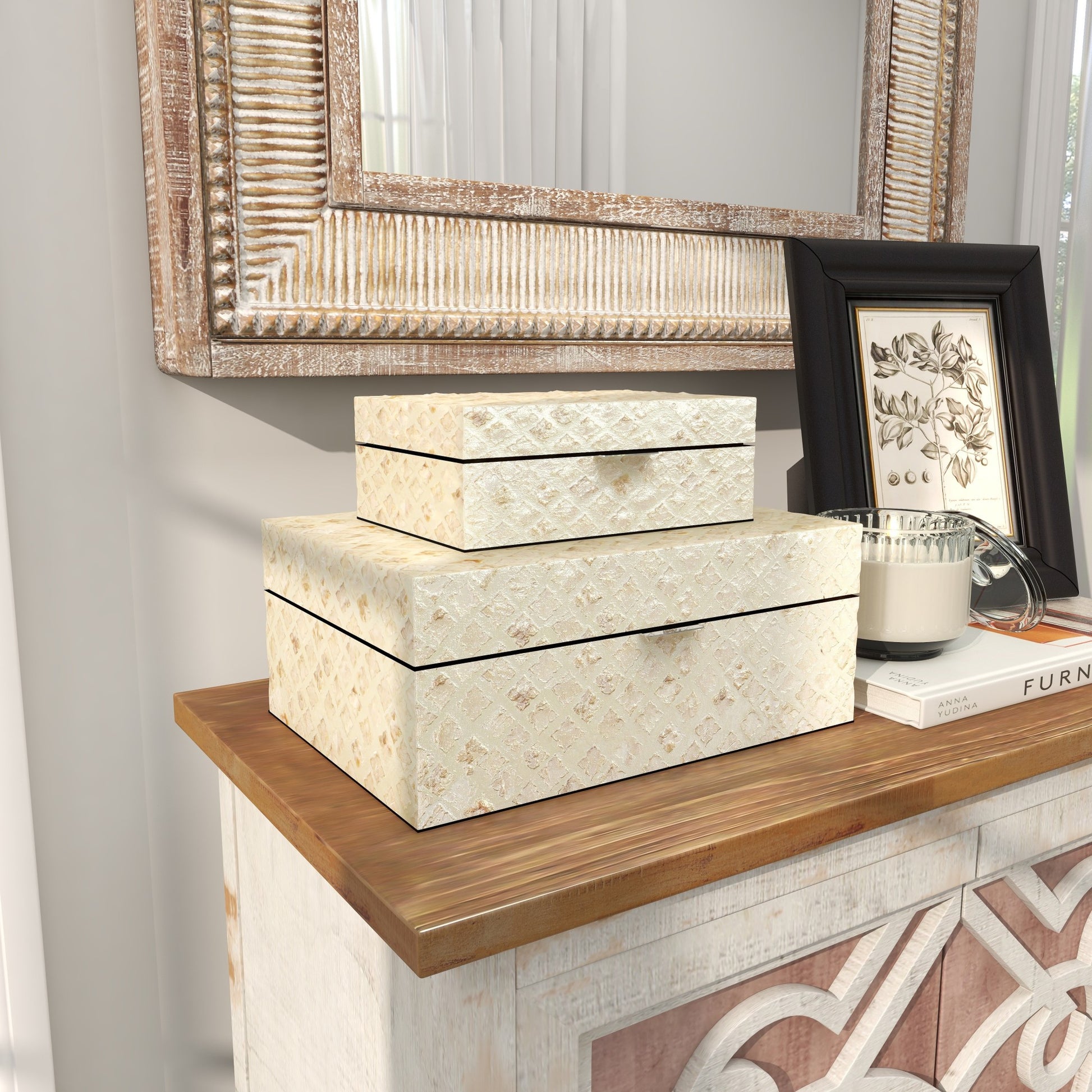 Set of 2 Cream Mother of Pearl Shell Handmade Decorative Box with Hinged Lid