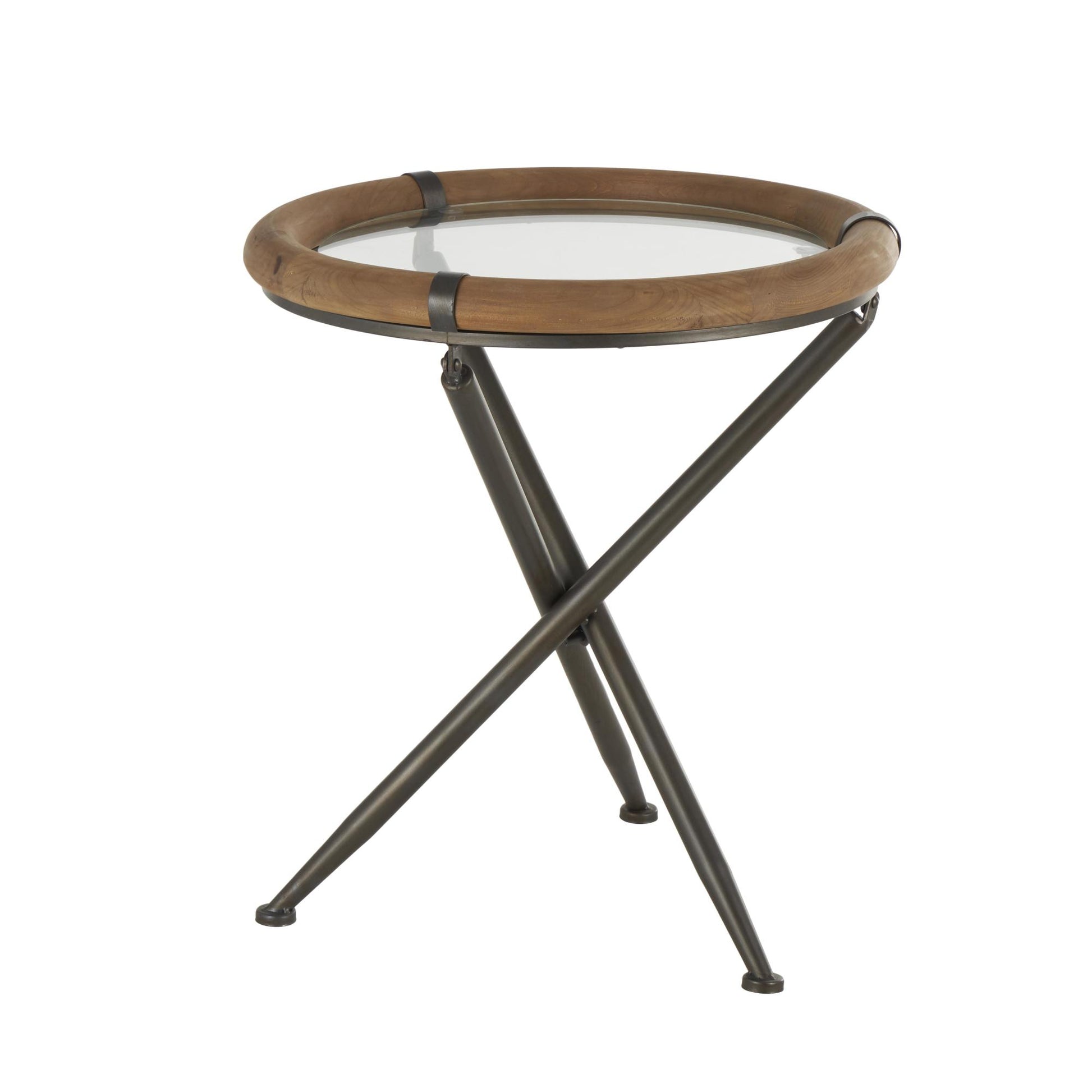 Brass Metal Round Side End Accent Table with Brown Wooden Framed Glass Tabletop