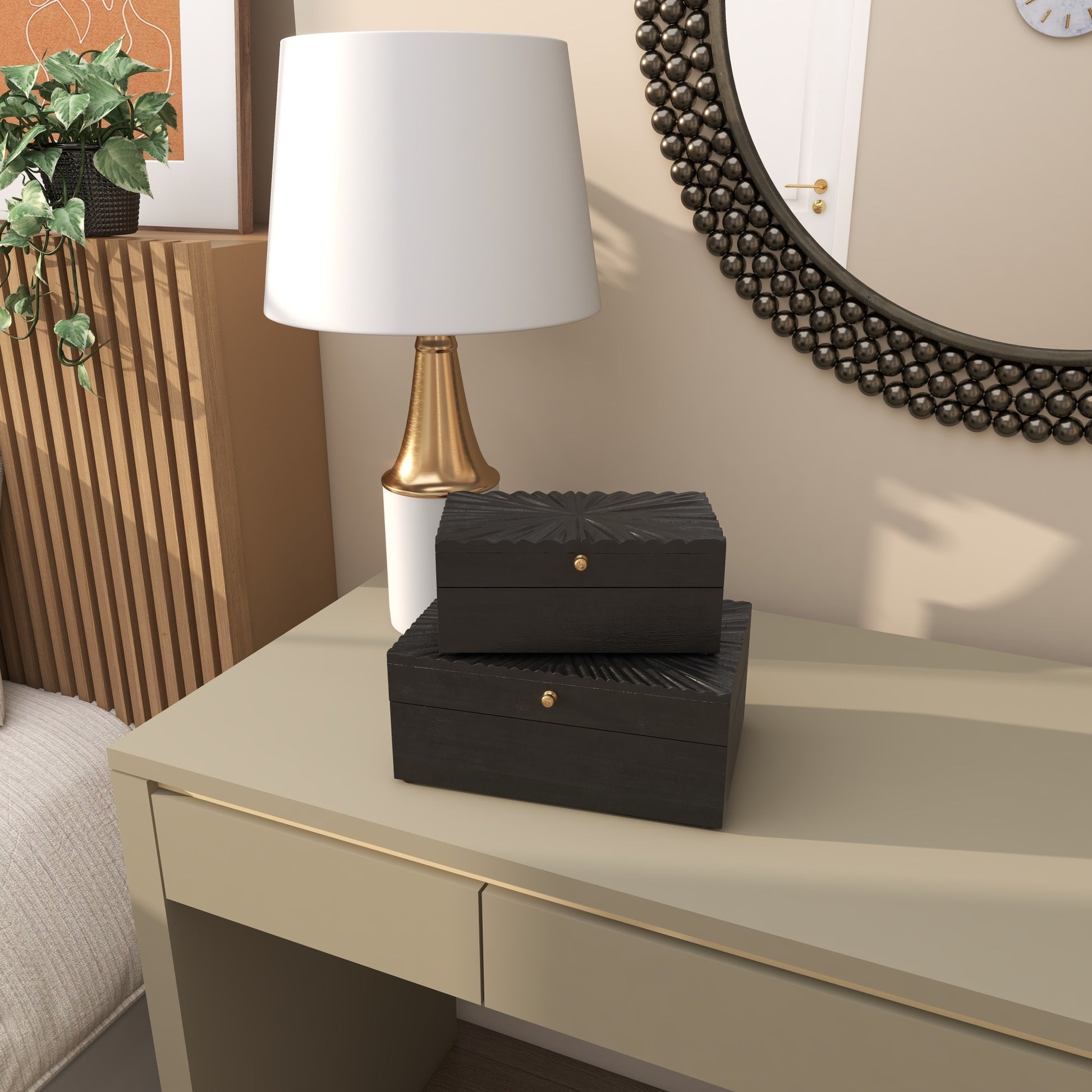 CosmoLiving by Cosmopolitan Set of 2 Starburst Wood Carved Storage Decorative Box with Gold Knobs