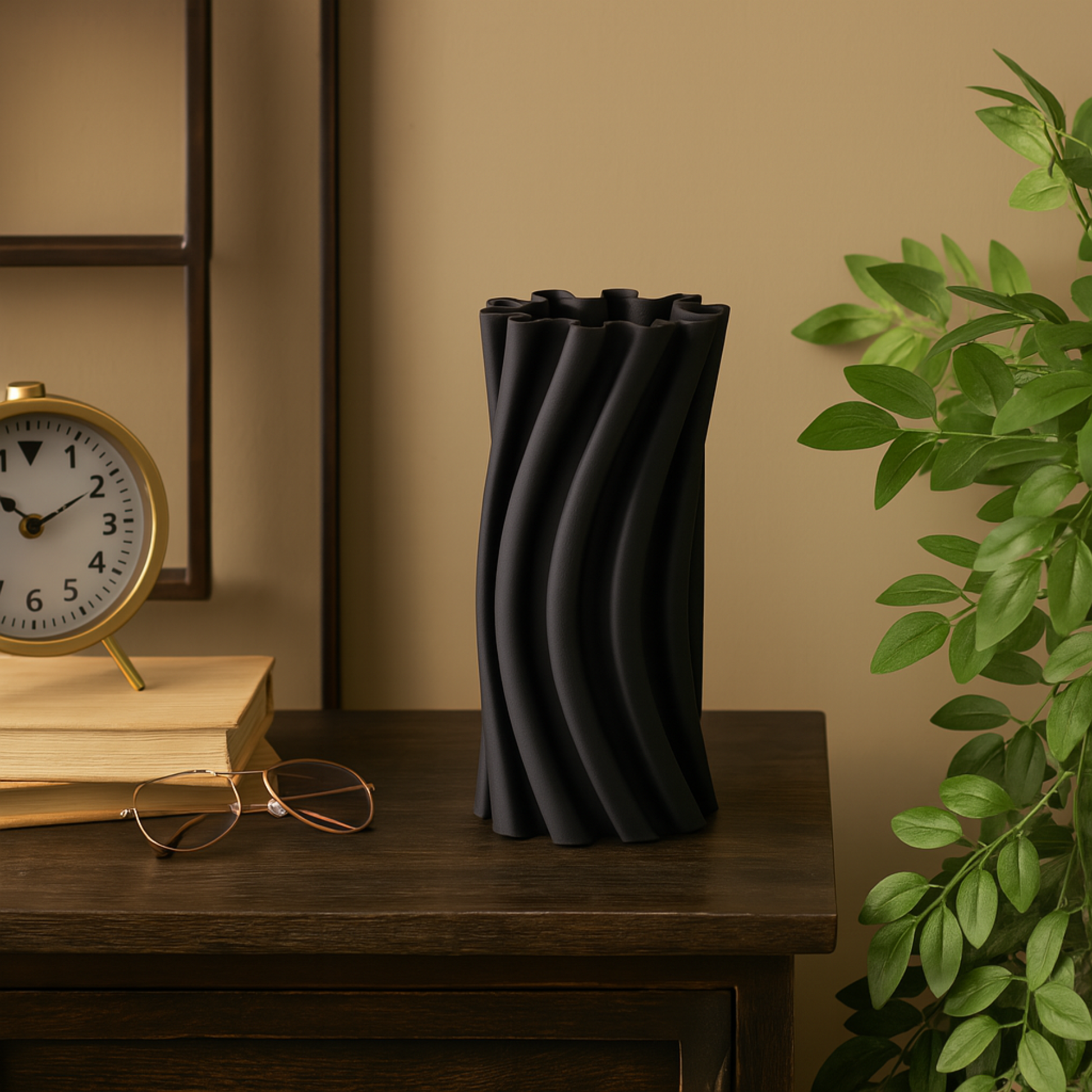 Abstract Black Ceramic Curvy Ribbed Decorative Vase with Floral Shaped Rim