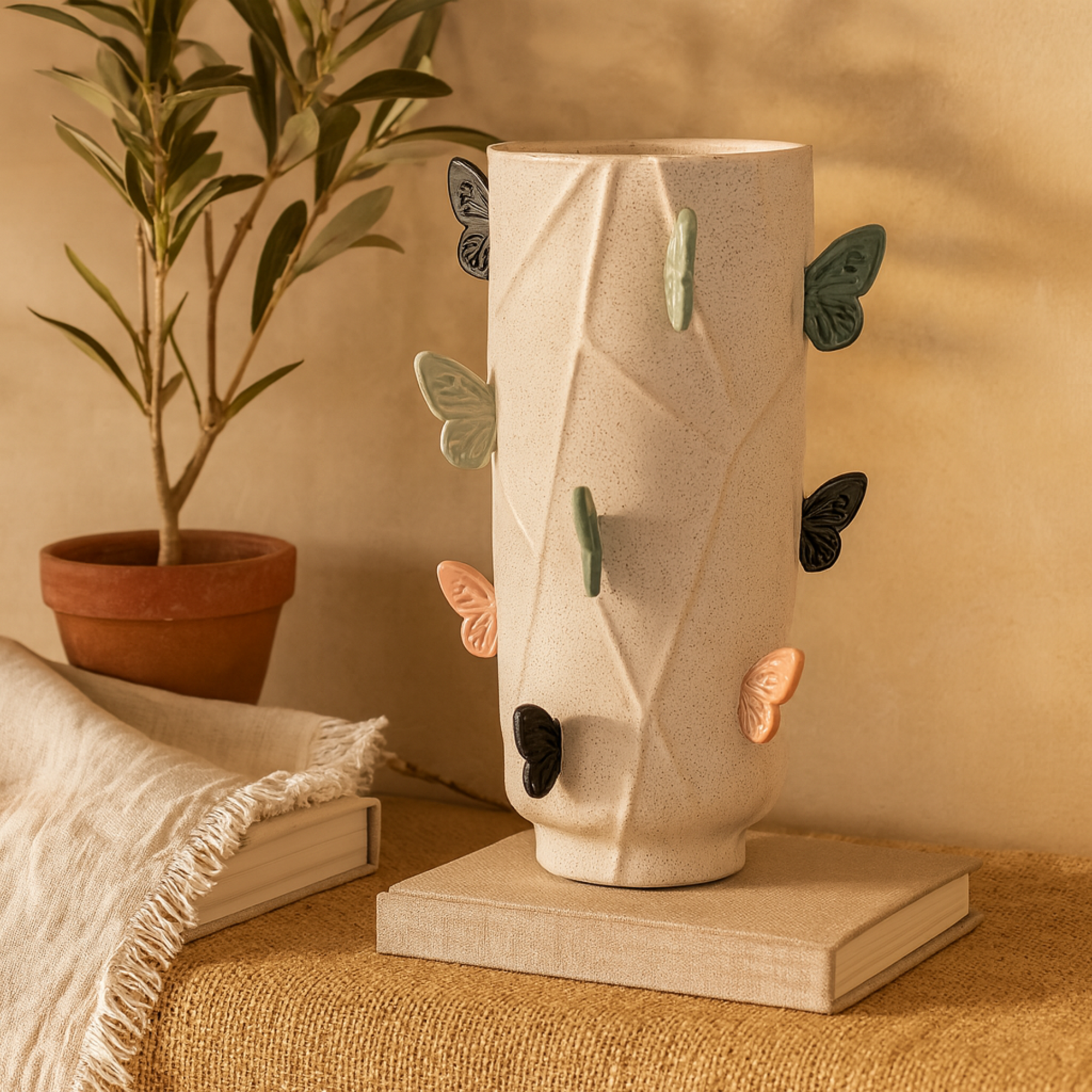 Butterfly White Ceramic Wide Decorative Vase with Multicolor Accents