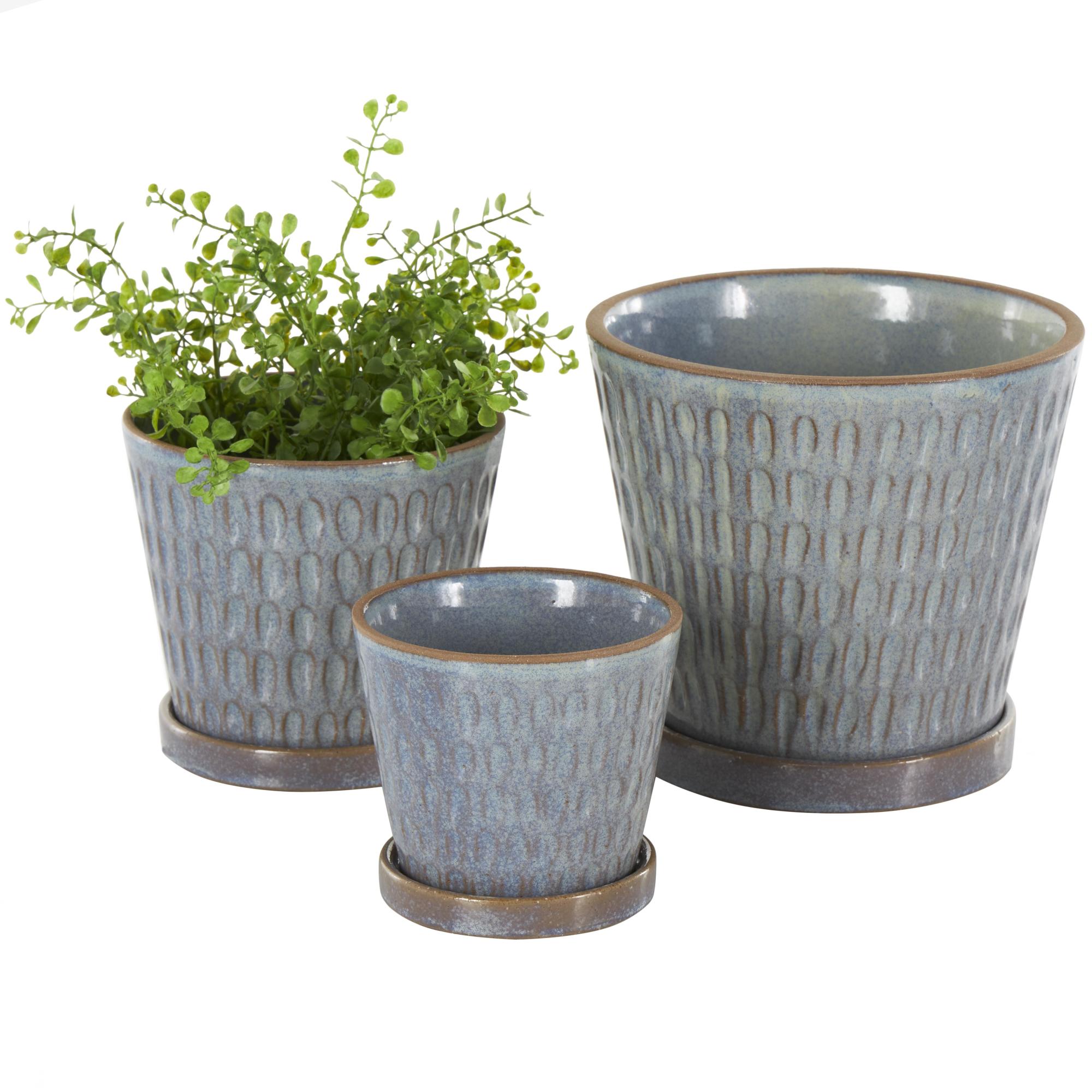 Set of 3 Geometric Blue Ceramic Oval Patterned Indoor Outdoor Planter with Brown Accents and Base Tray