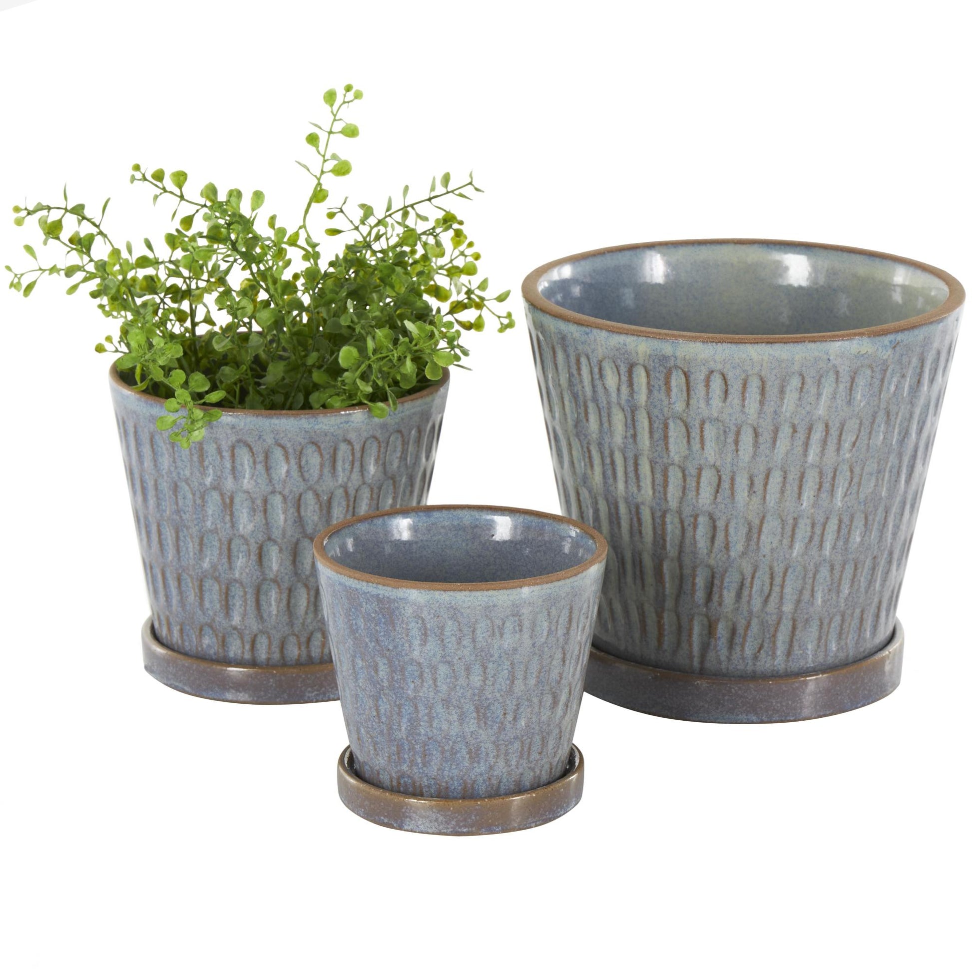 Set of 3 Geometric Blue Ceramic Oval Patterned Indoor Outdoor Planter with Brown Accents and Base Tray