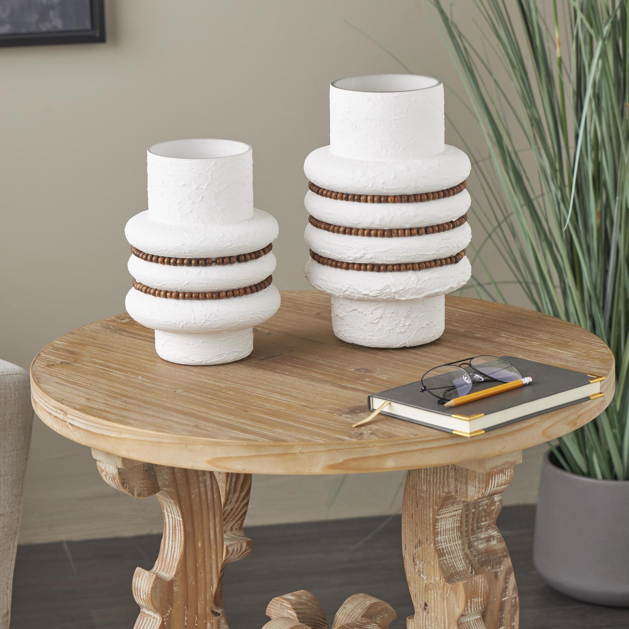 Set of 2 White Glass Textured Decorative Vase with Brown Wood Beaded Stripes