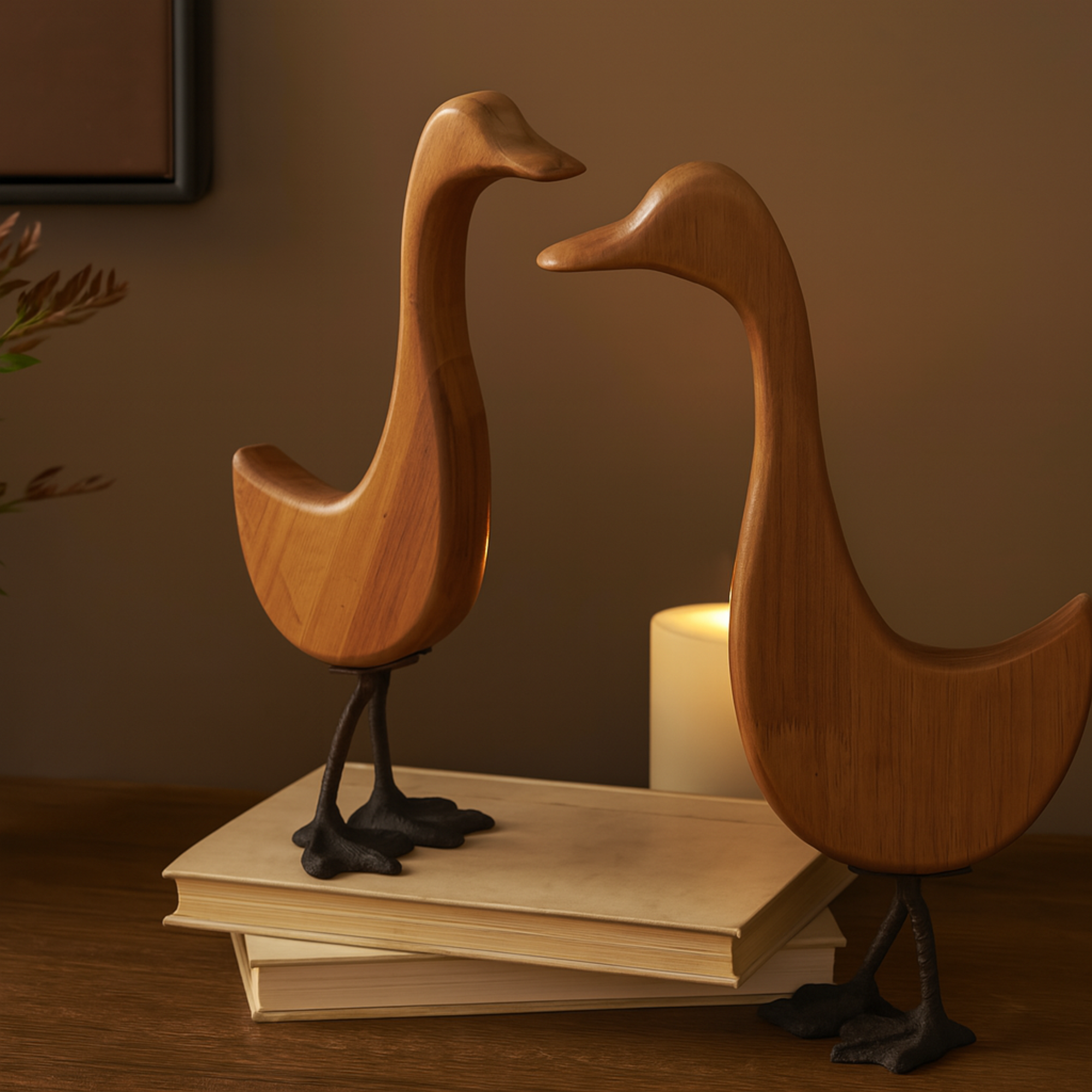 Set of 2 Duck Brown Wood Abstract Decorative Garden Sculpture with Black Metal Feet