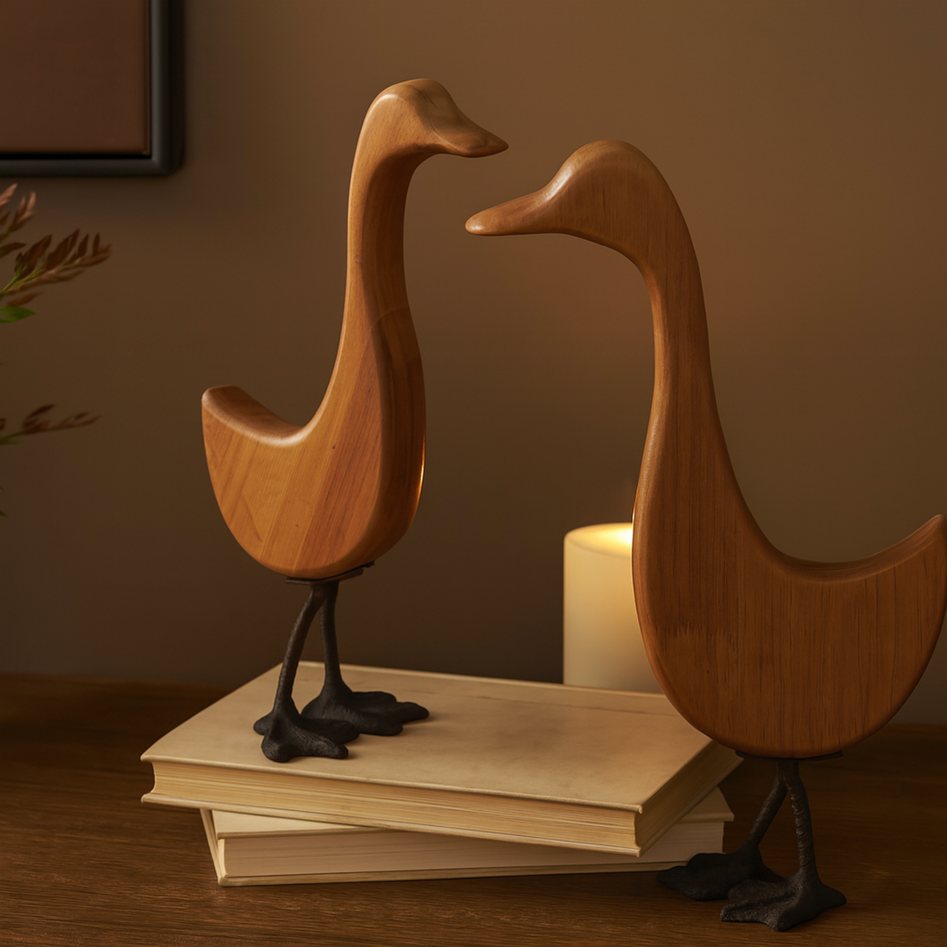 Set of 2 Duck Brown Wood Abstract Decorative Garden Sculpture with Black Metal Feet