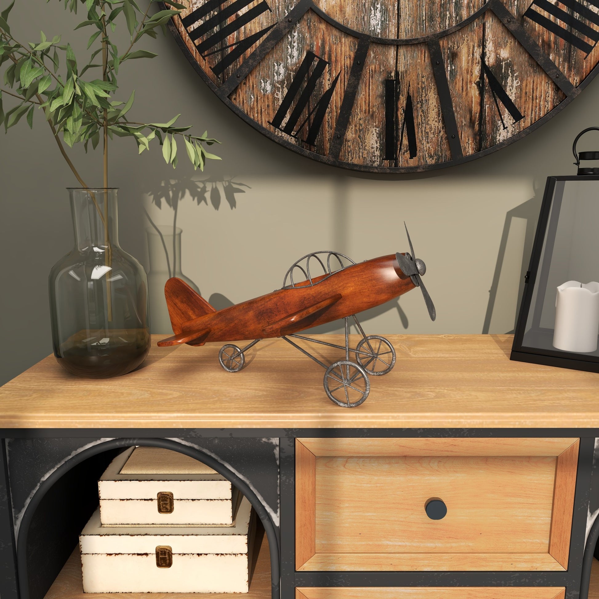 Airplane Brown Wood Decorative Sculpture with Gray Metal Accents
