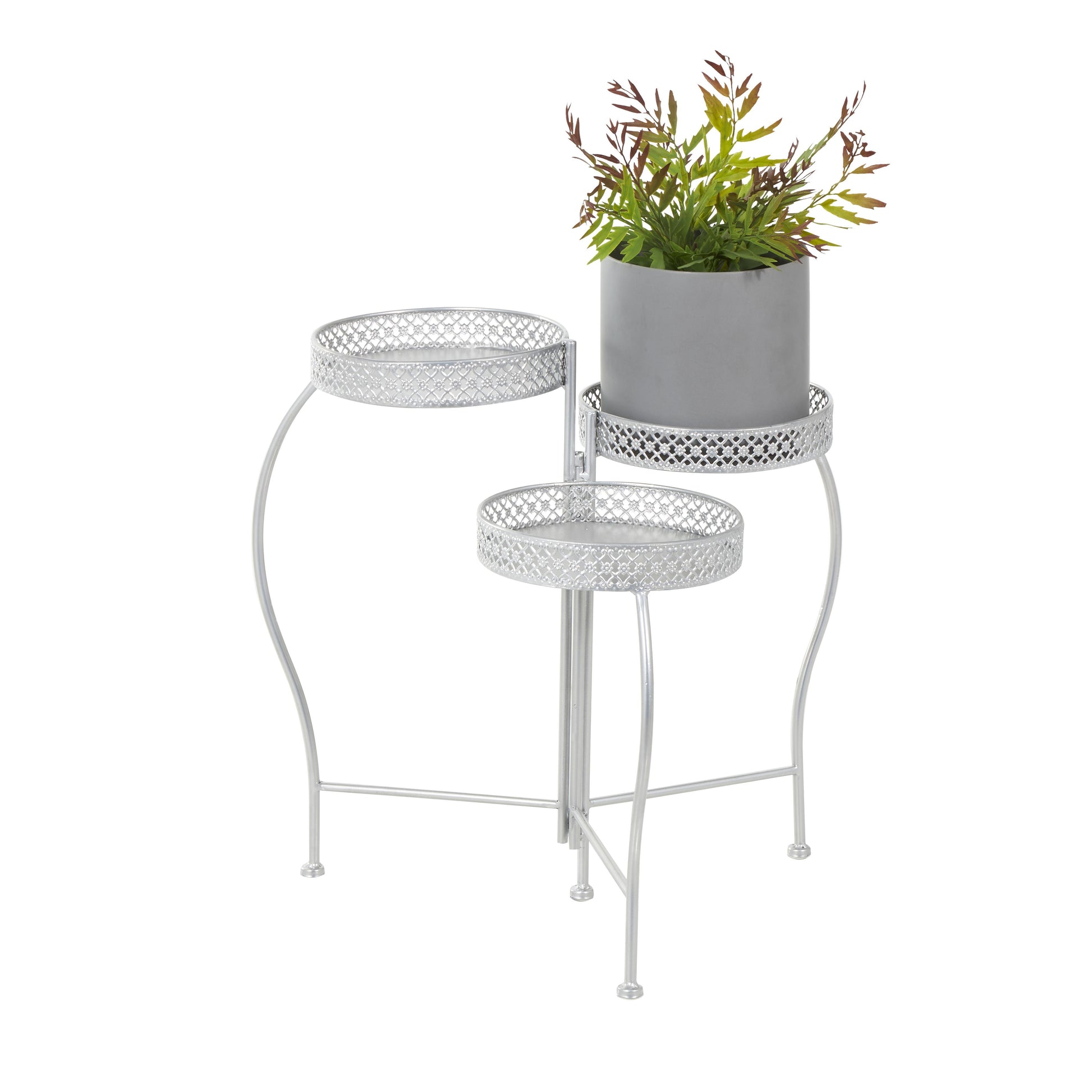 Metal Curved Folding 3 Tier Indoor Outdoor Plantstand with Floral and Scroll Patterns
