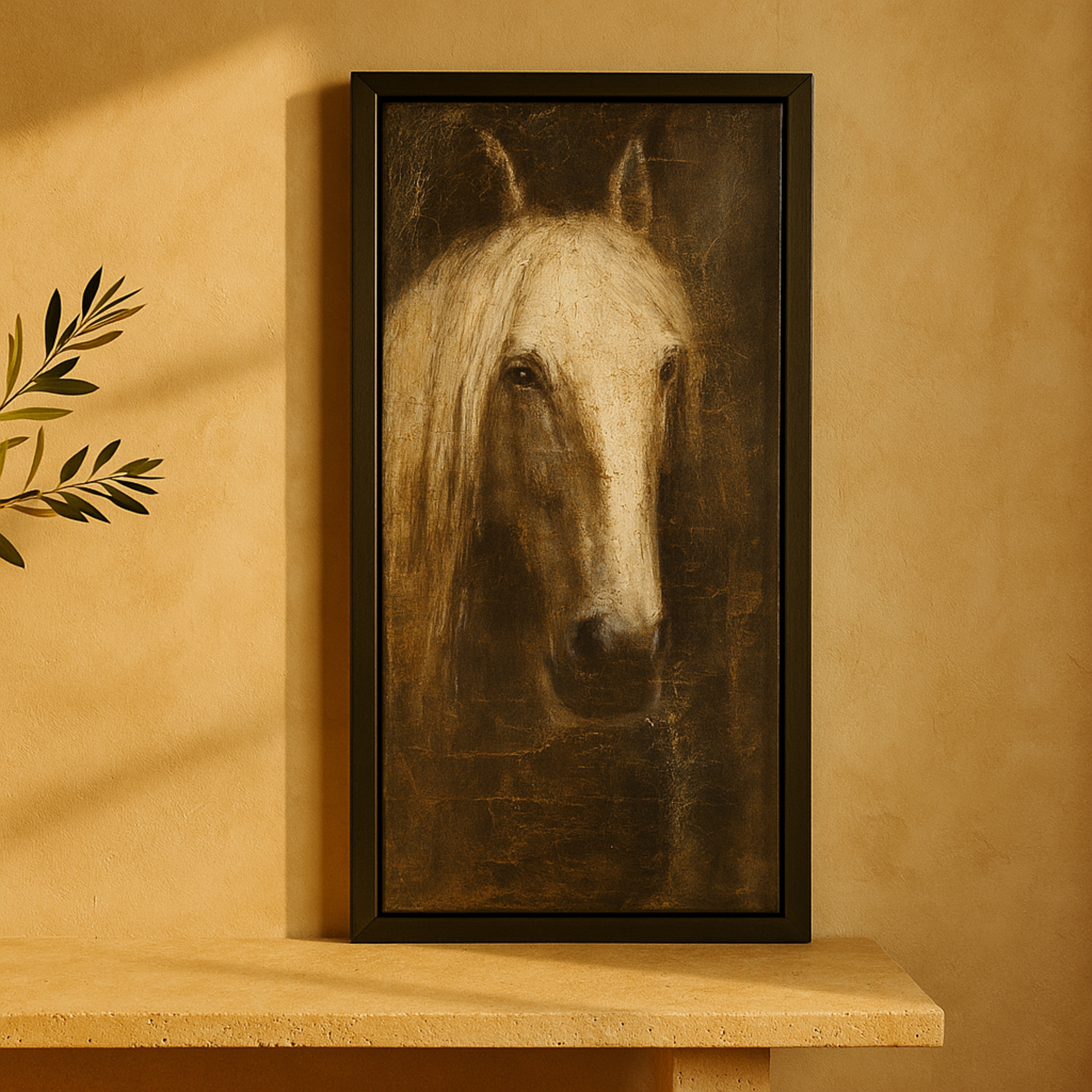 Horse Black Canvas Living Room Framed Wall Art with Textured Distressing