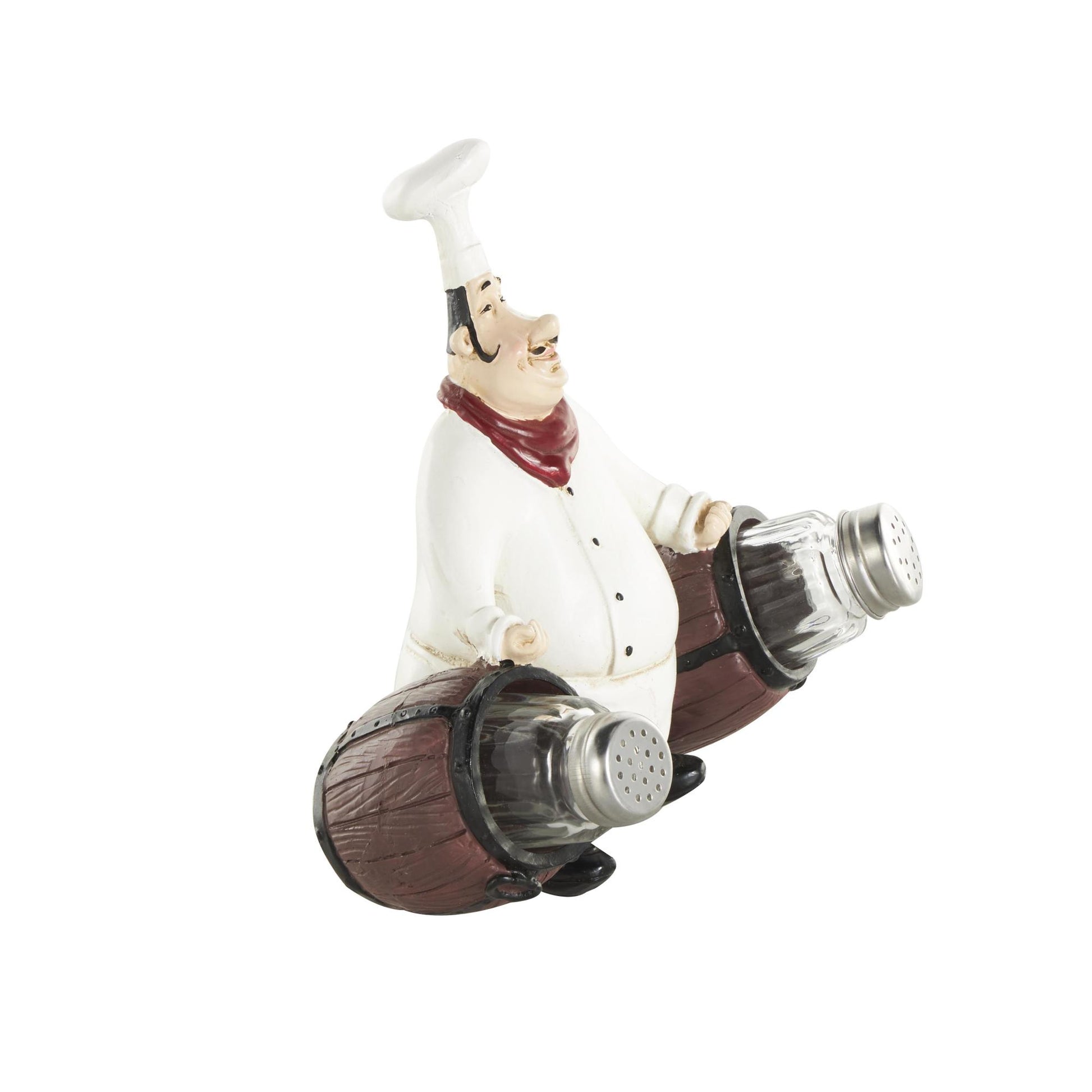 Chef White Polystone Figurine Decorative Salt and Pepper Shaker Holder with Wood Barrel Accents
