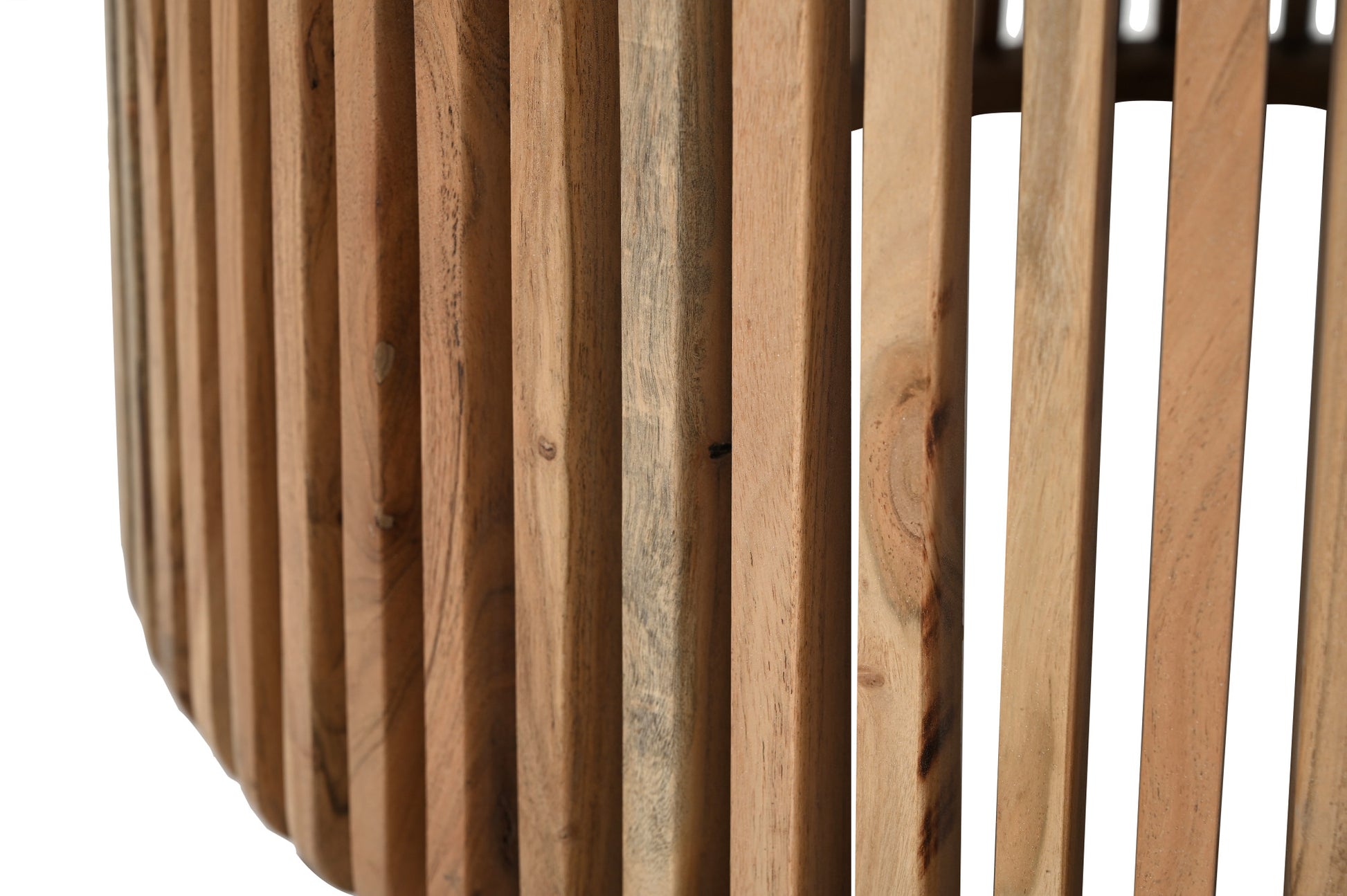 Brown Wood Slatted Open Framed Drum Living Room Coffee Table with Black Marble Tabletop