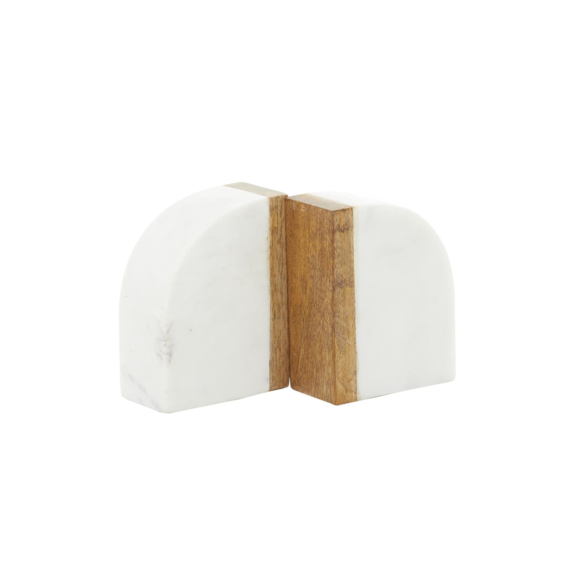 Set of 2 Geometric White Marble Arch Decorative Bookends with Wood Accent