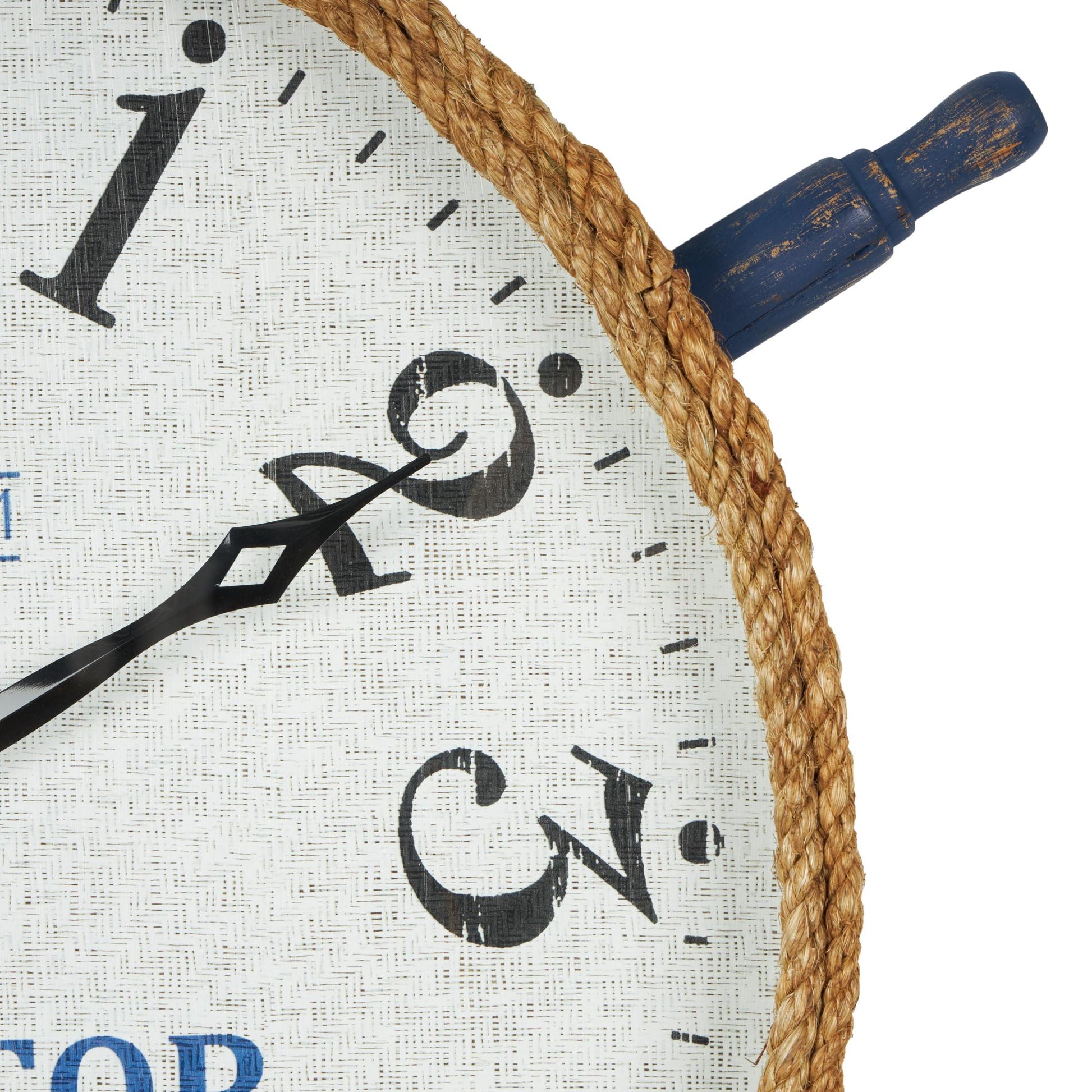 Ship Wheel White Wood Decorative Wall Clock with Brown Rope Frame and Blue Spokes