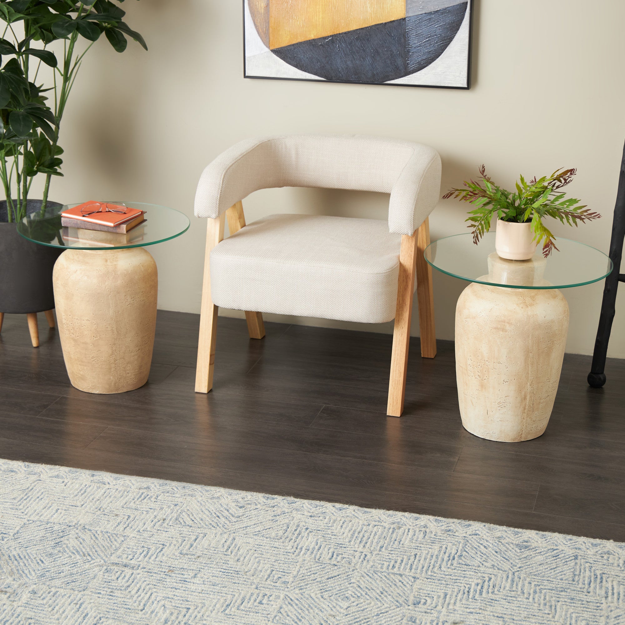 Set of 2 Beige Magnesium Oxide Side End Accent Table with Tempered Glass Tabletop
