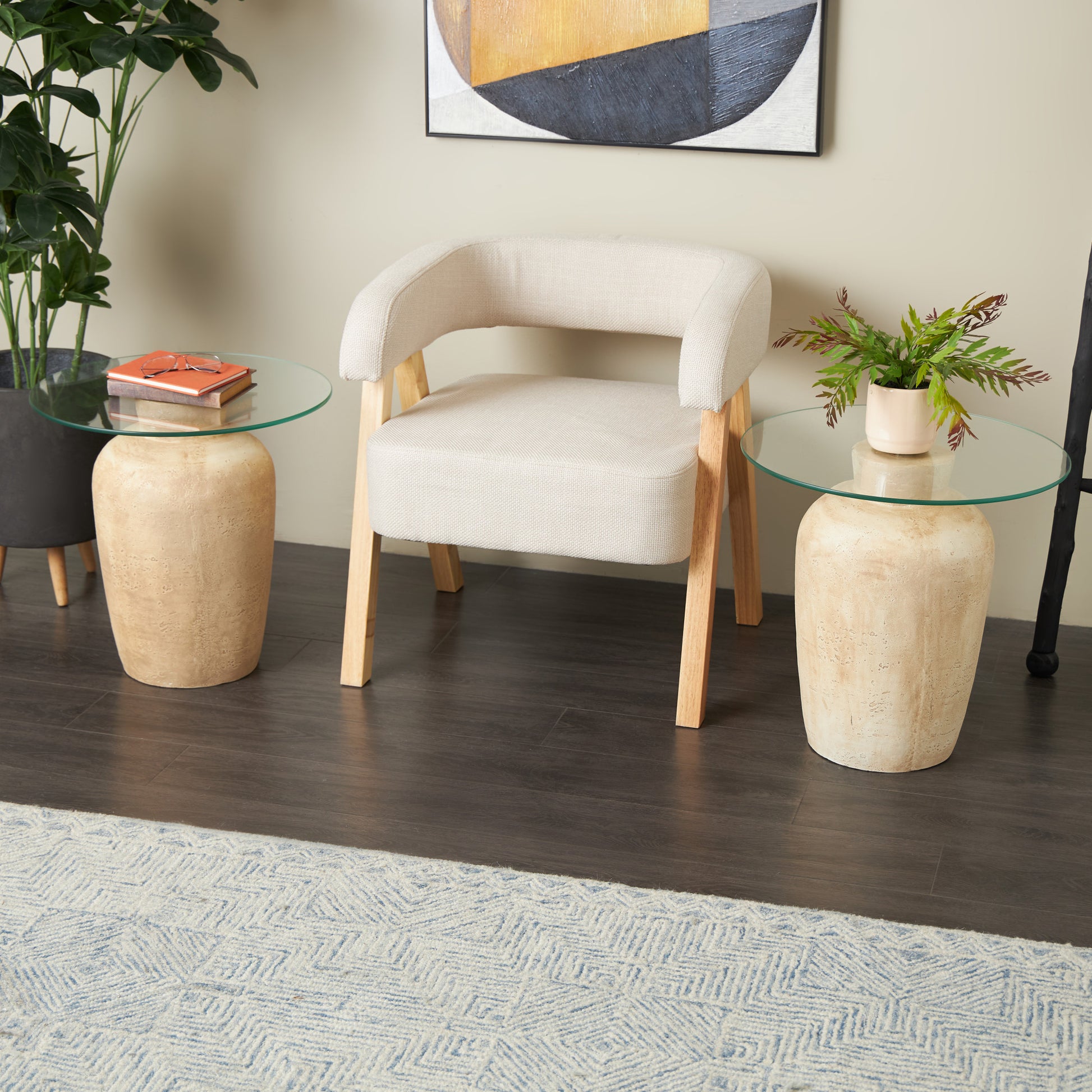 Set of 2 Beige Magnesium Oxide Side End Accent Table with Tempered Glass Tabletop